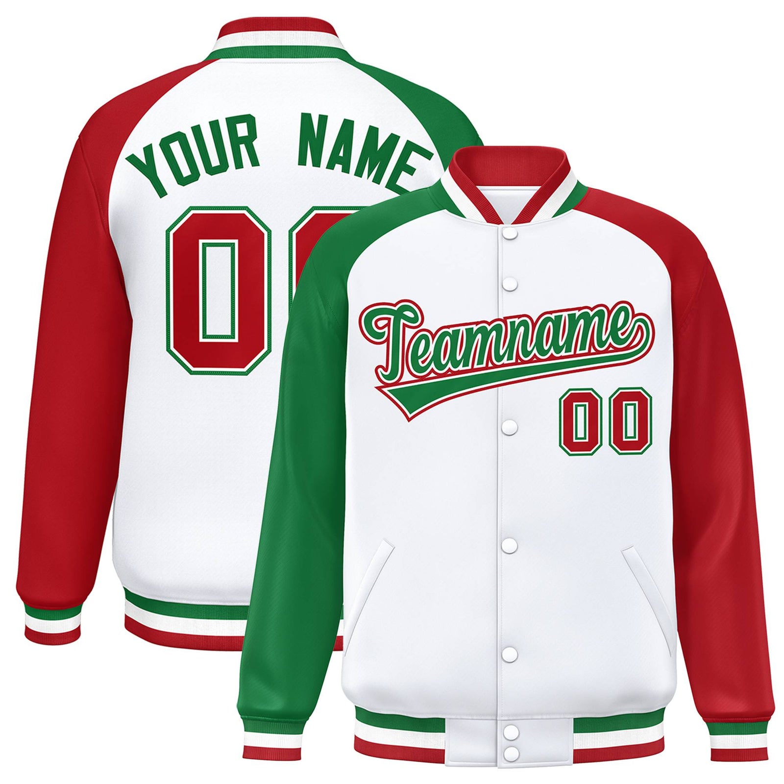 Custom White Red-Kelly Green Raglan Sleeves Varsity Full-Snap Letterman Jacket