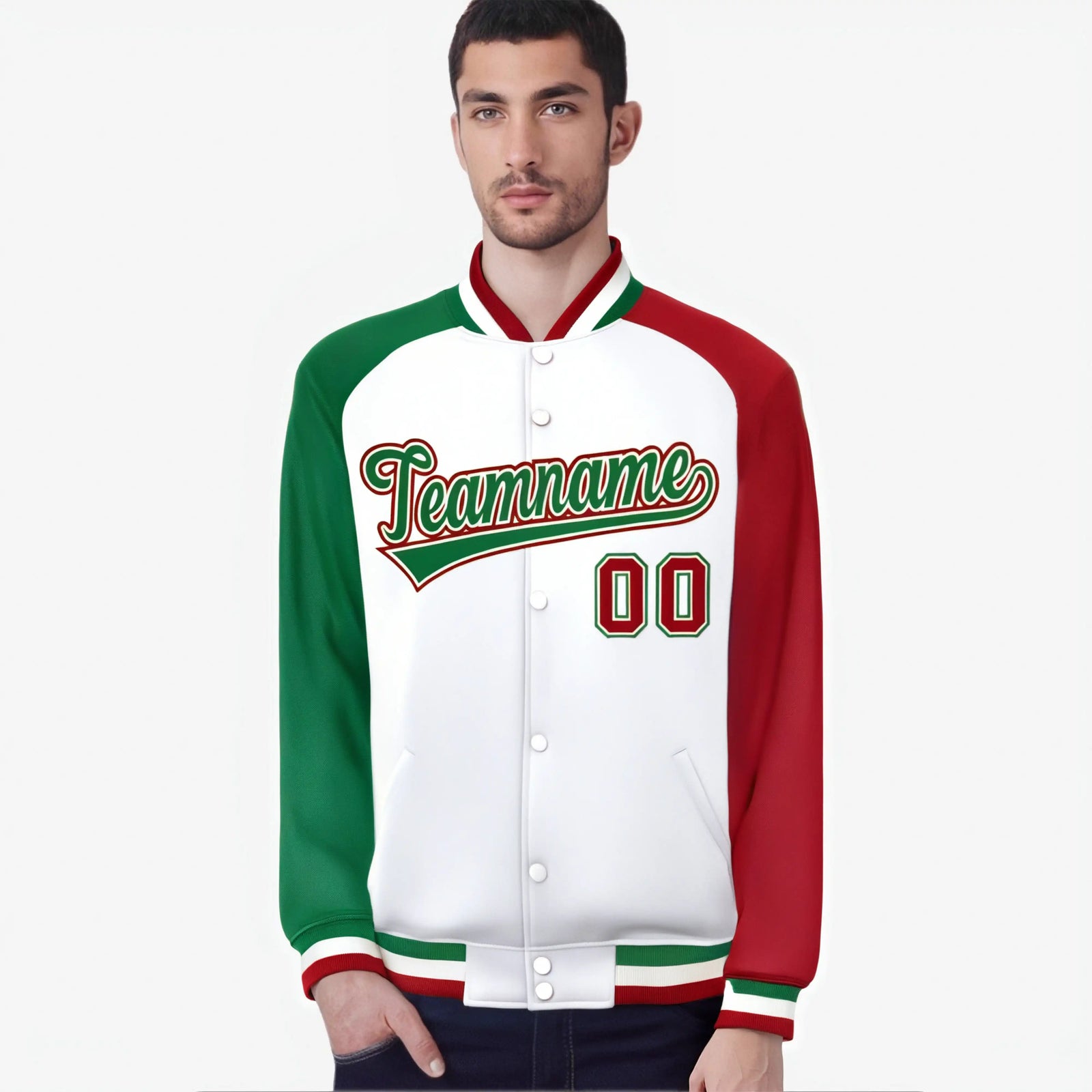 Custom White Red-Kelly Green Raglan Sleeves Varsity Full-Snap Letterman Jacket