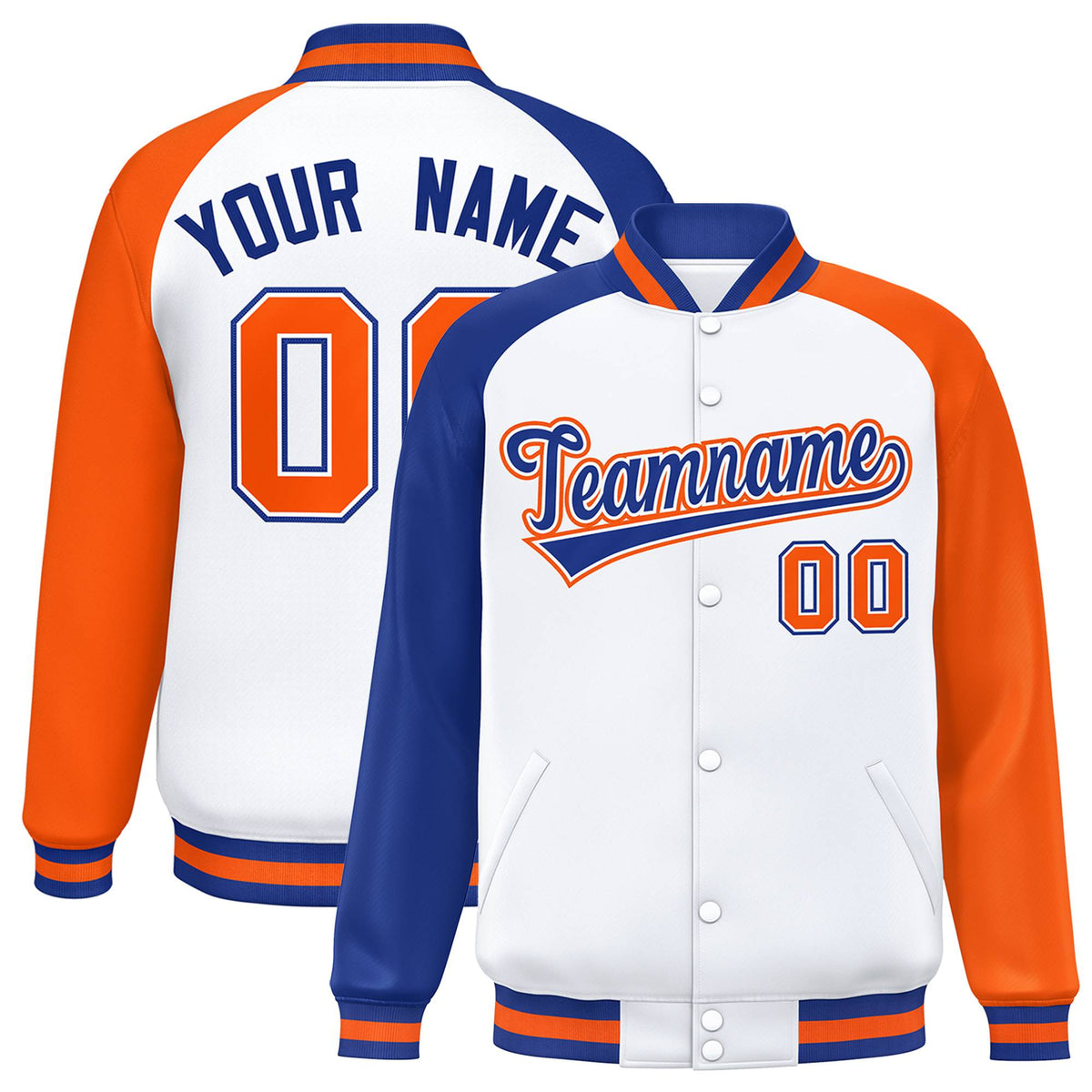 Custom White Orange-Royal Blue Raglan Sleeves Varsity Full-Snap Letterman Jacket