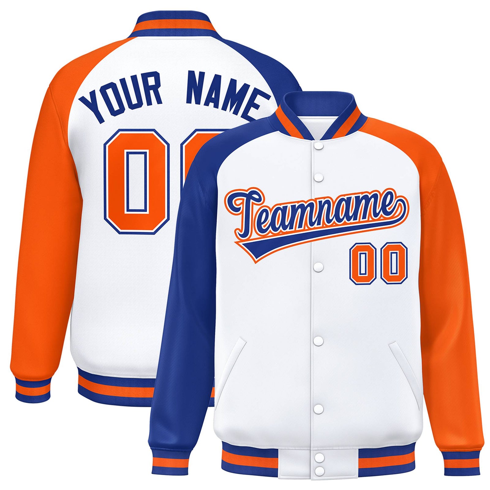 Custom White Orange-Royal Blue Raglan Sleeves Varsity Full-Snap Letterman Jacket