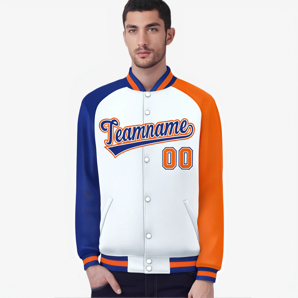 Custom White Orange-Royal Blue Raglan Sleeves Varsity Full-Snap Letterman Jacket