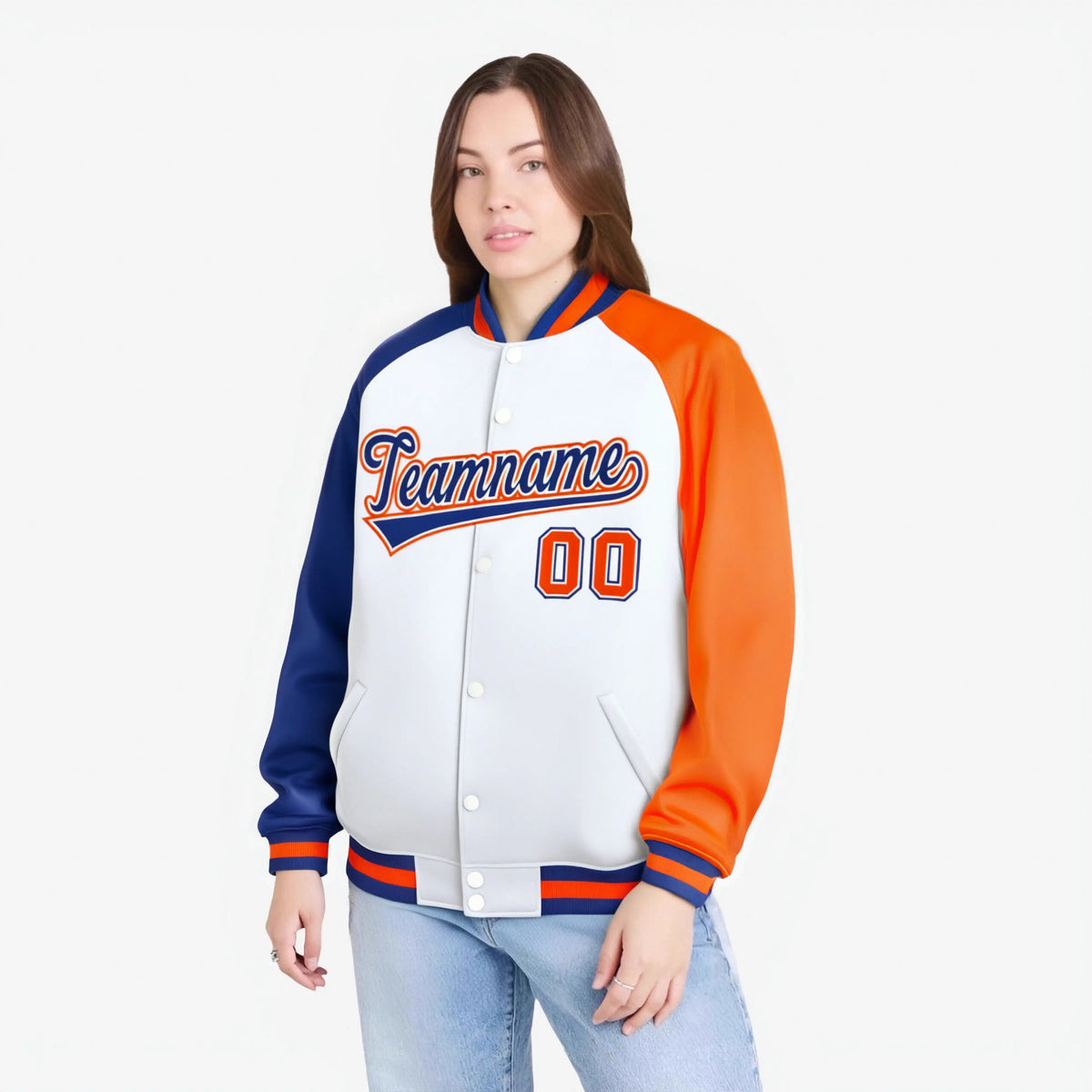 Custom White Orange-Royal Blue Raglan Sleeves Varsity Full-Snap Letterman Jacket