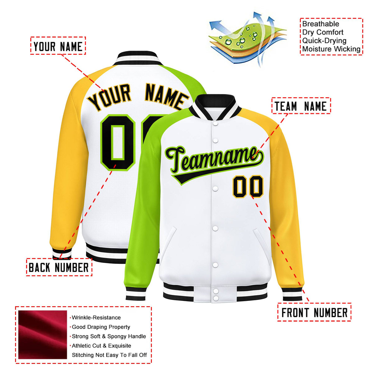 Custom White Gold-Neon Green Raglan Sleeves Varsity Full-Snap Letterman Jacket