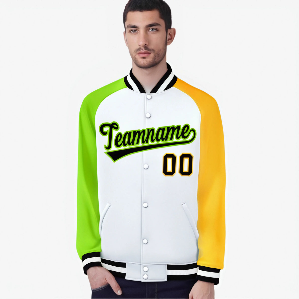 Custom White Gold-Neon Green Raglan Sleeves Varsity Full-Snap Letterman Jacket