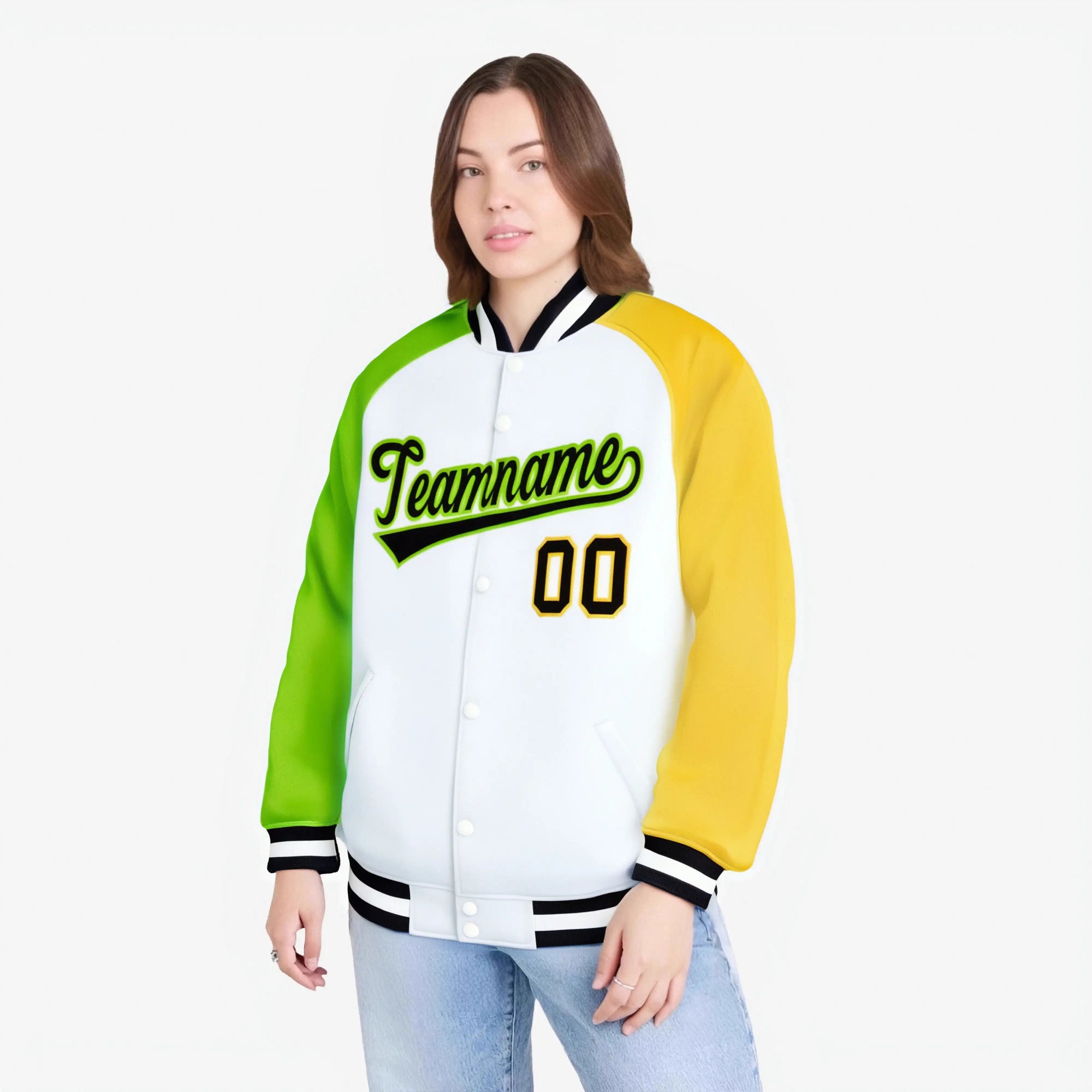Custom White Gold-Neon Green Raglan Sleeves Varsity Full-Snap Letterman Jacket
