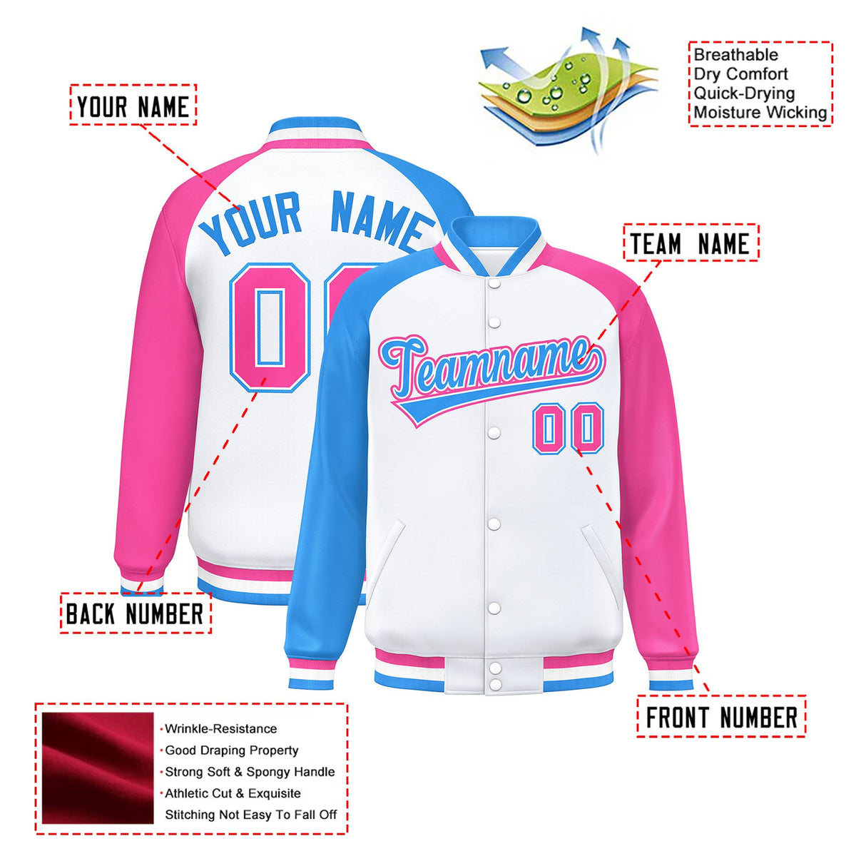 Custom White Pink-Powder Blue Raglan Sleeves Varsity Full-Snap Letterman Jacket