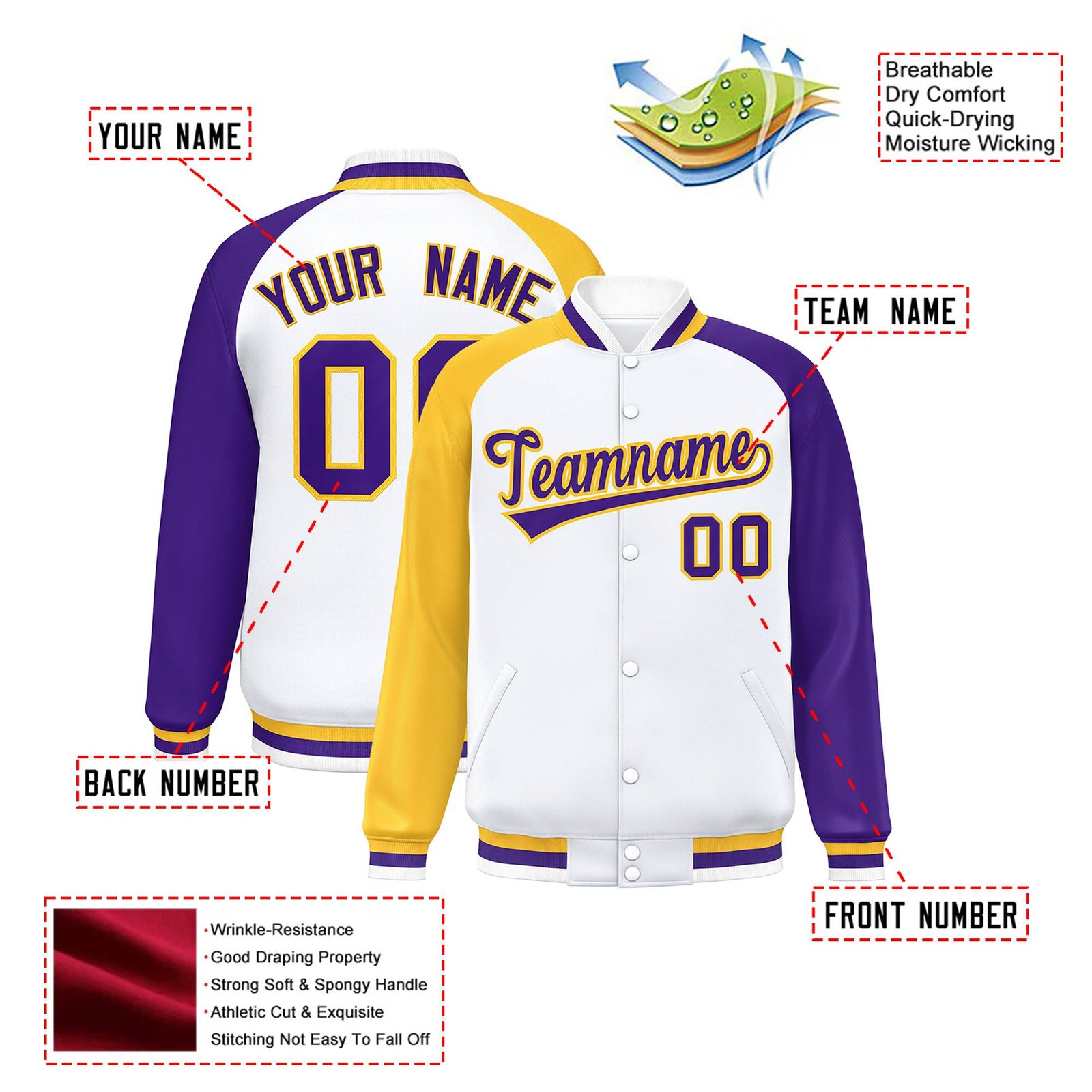 Custom White Purple-Gold Raglan Sleeves Varsity Full-Snap Letterman Jacket