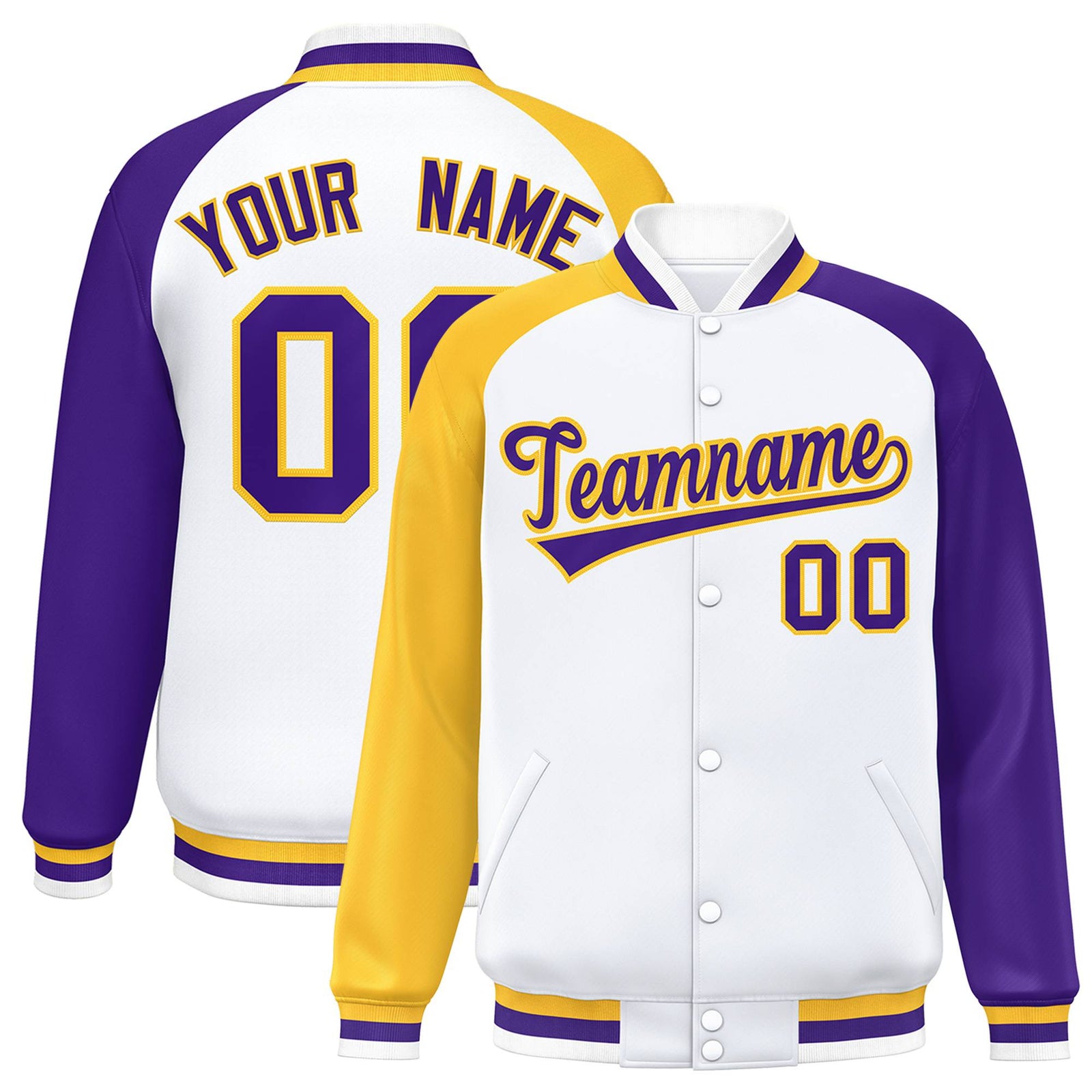 Custom White Purple-Gold Raglan Sleeves Varsity Full-Snap Letterman Jacket