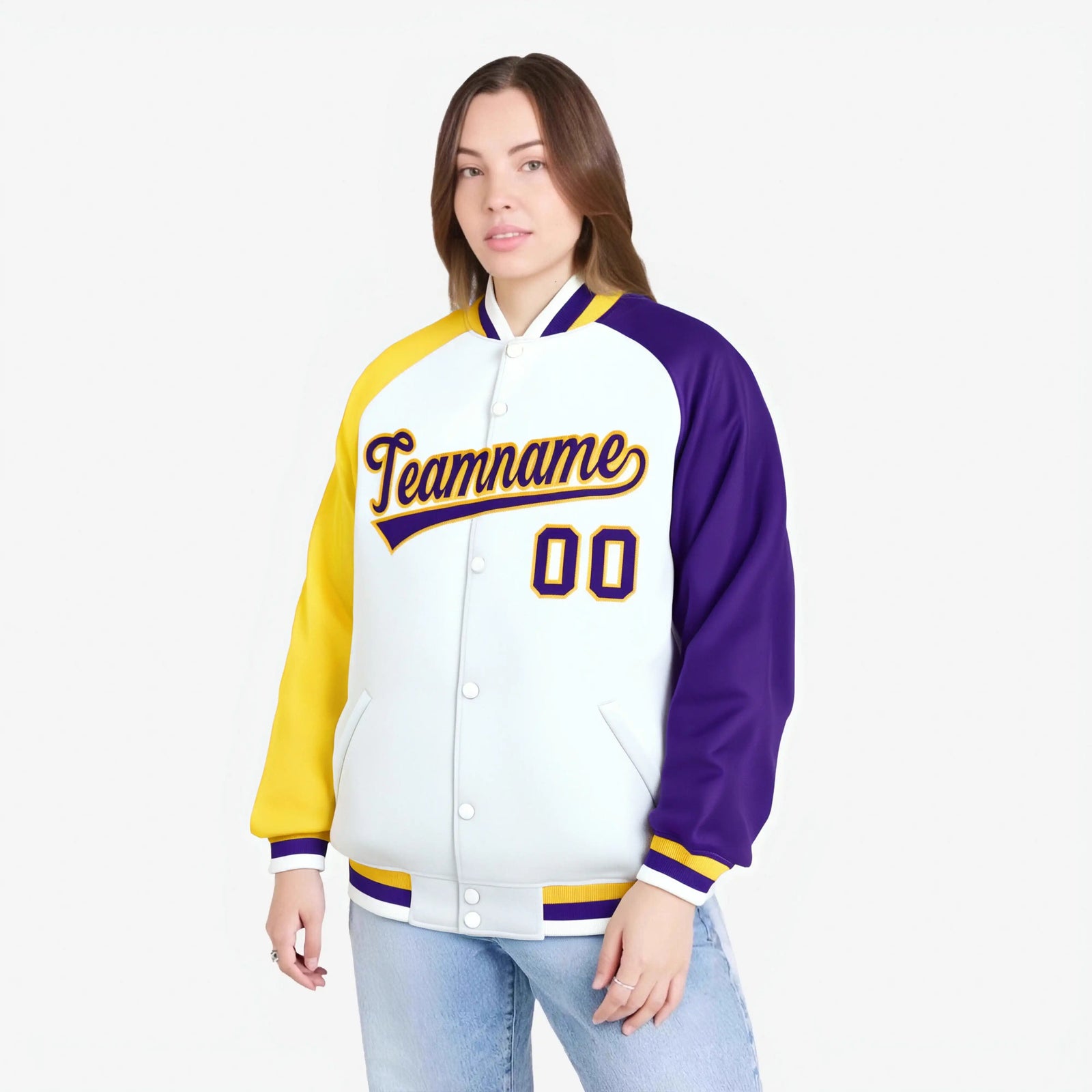 Custom White Purple-Gold Raglan Sleeves Varsity Full-Snap Letterman Jacket