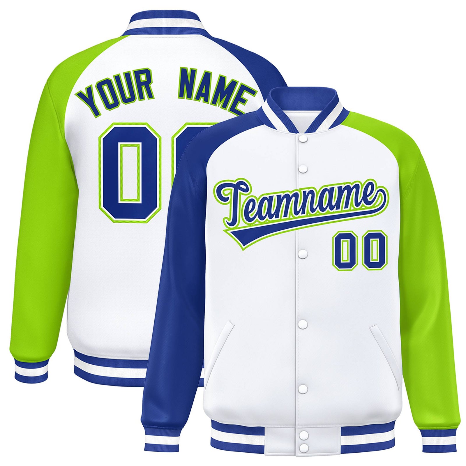 Custom White Neon Green-Royal Blue Raglan Sleeves Varsity Full-Snap Letterman Jacket