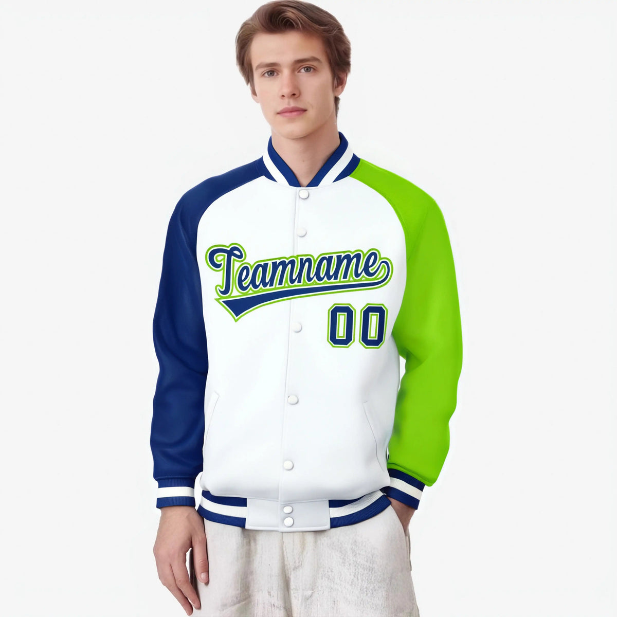 Custom White Neon Green-Royal Blue Raglan Sleeves Varsity Full-Snap Letterman Jacket