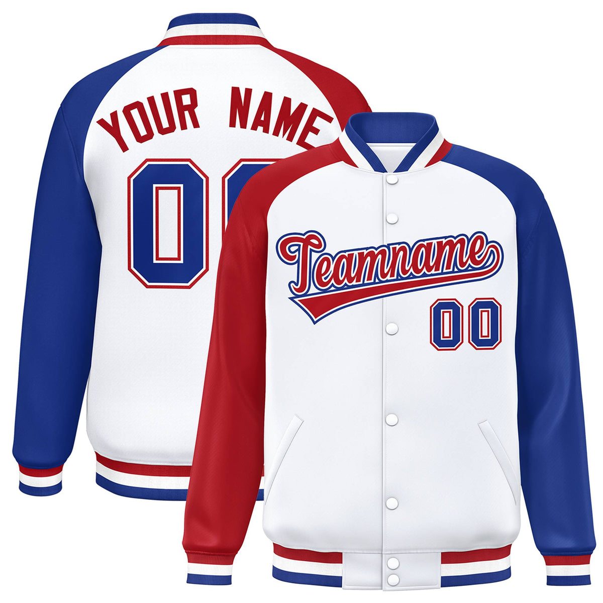 Custom White Royal Blue-Red Raglan Sleeves Varsity Full-Snap Letterman Jacket