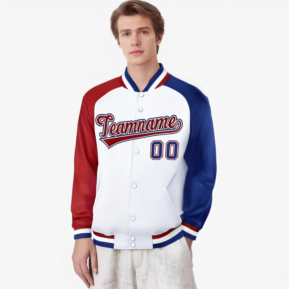 Custom White Royal Blue-Red Raglan Sleeves Varsity Full-Snap Letterman Jacket