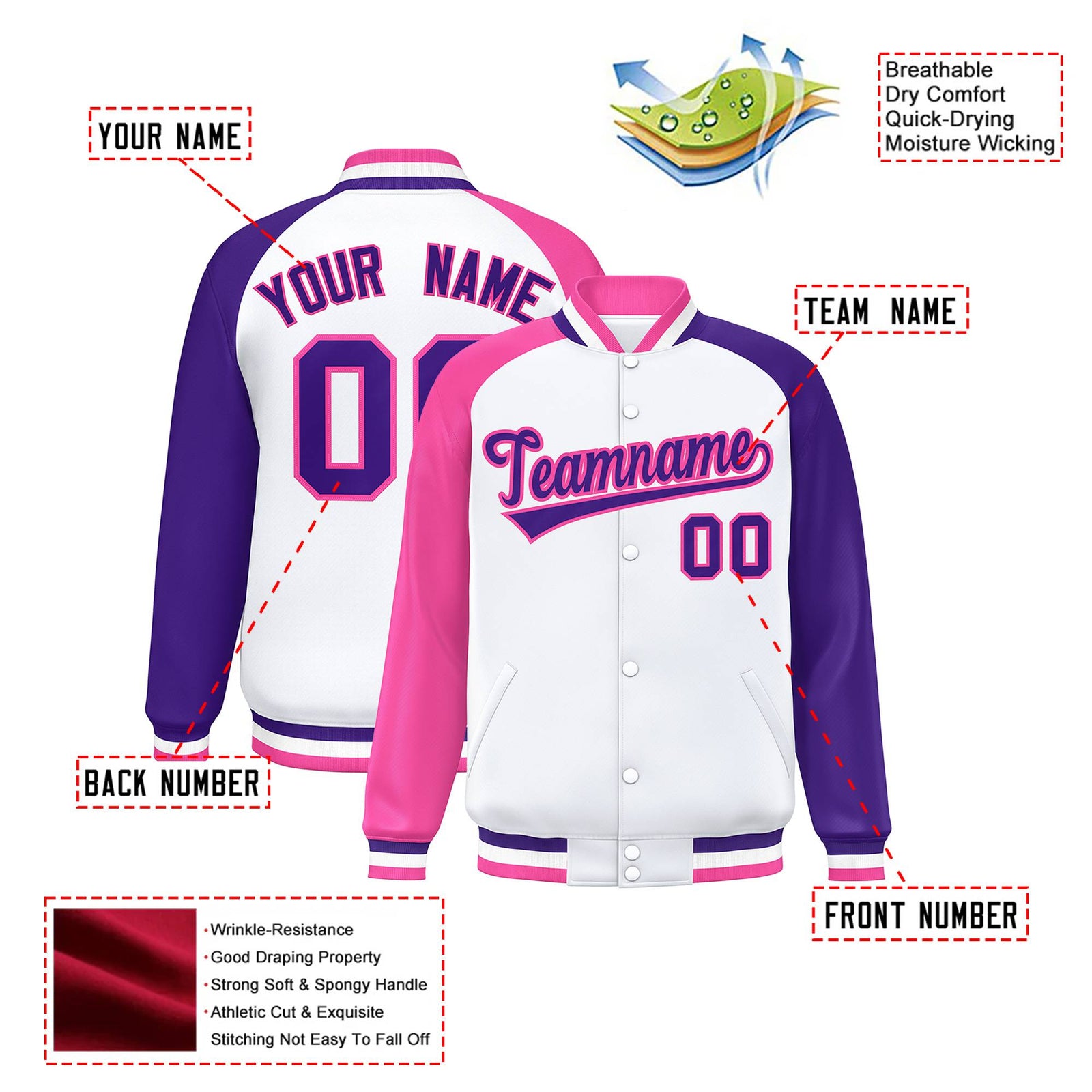 Custom White Purple-Pink Raglan Sleeves Varsity Full-Snap Letterman Jacket