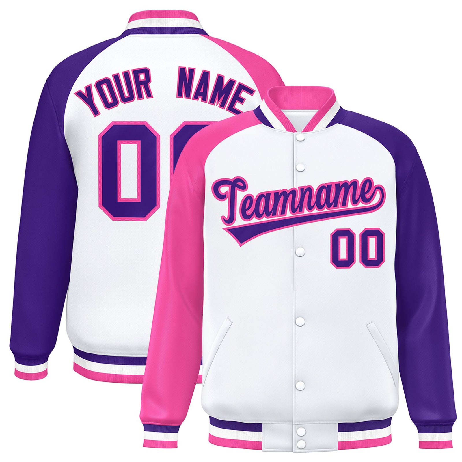 Custom White Purple-Pink Raglan Sleeves Varsity Full-Snap Letterman Jacket