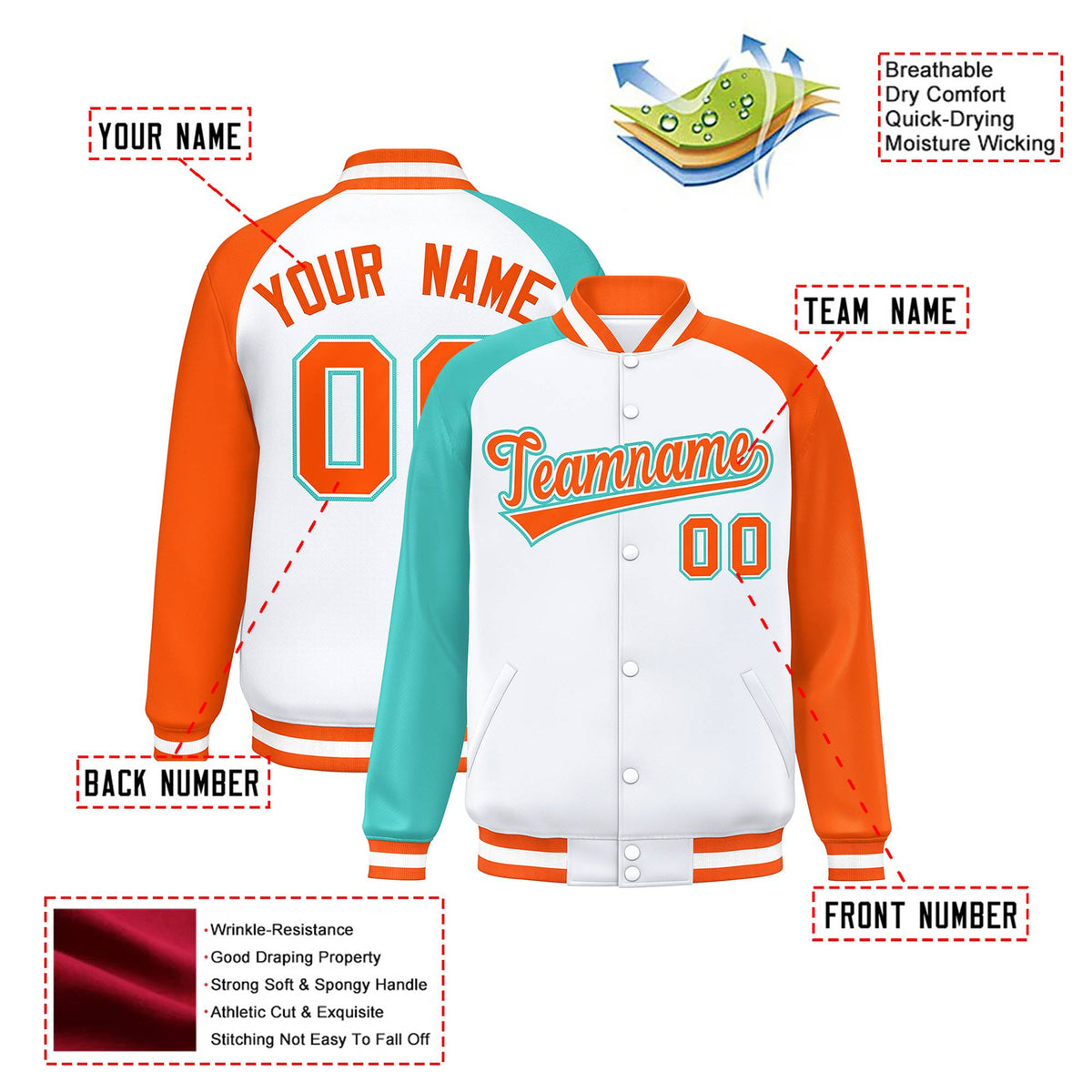 Custom White Orange-Aqua Raglan Sleeves Varsity Full-Snap Letterman Jacket