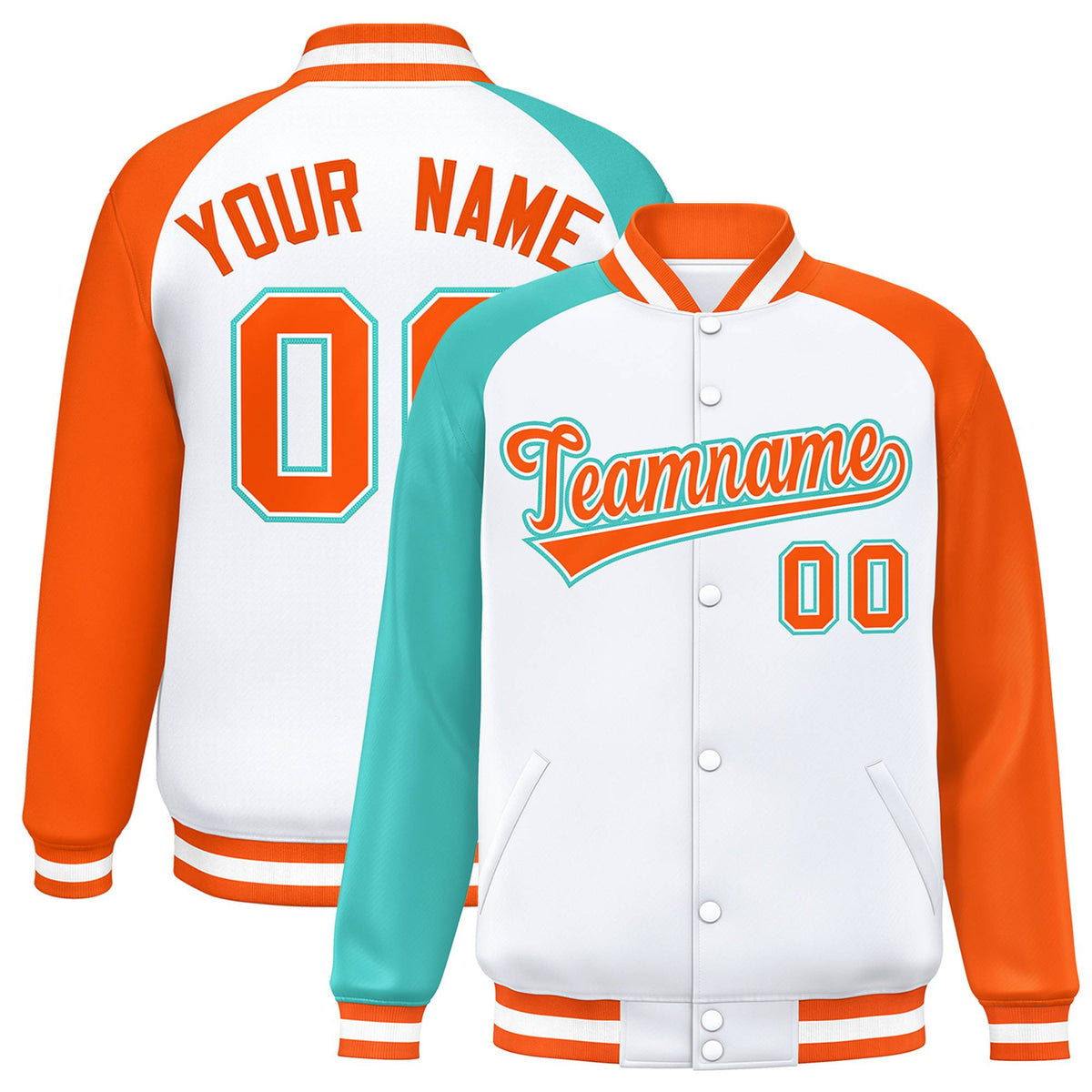Custom White Orange-Aqua Raglan Sleeves Varsity Full-Snap Letterman Jacket