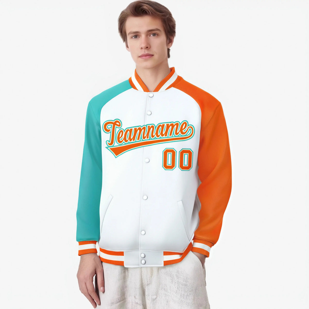 Custom White Orange-Aqua Raglan Sleeves Varsity Full-Snap Letterman Jacket