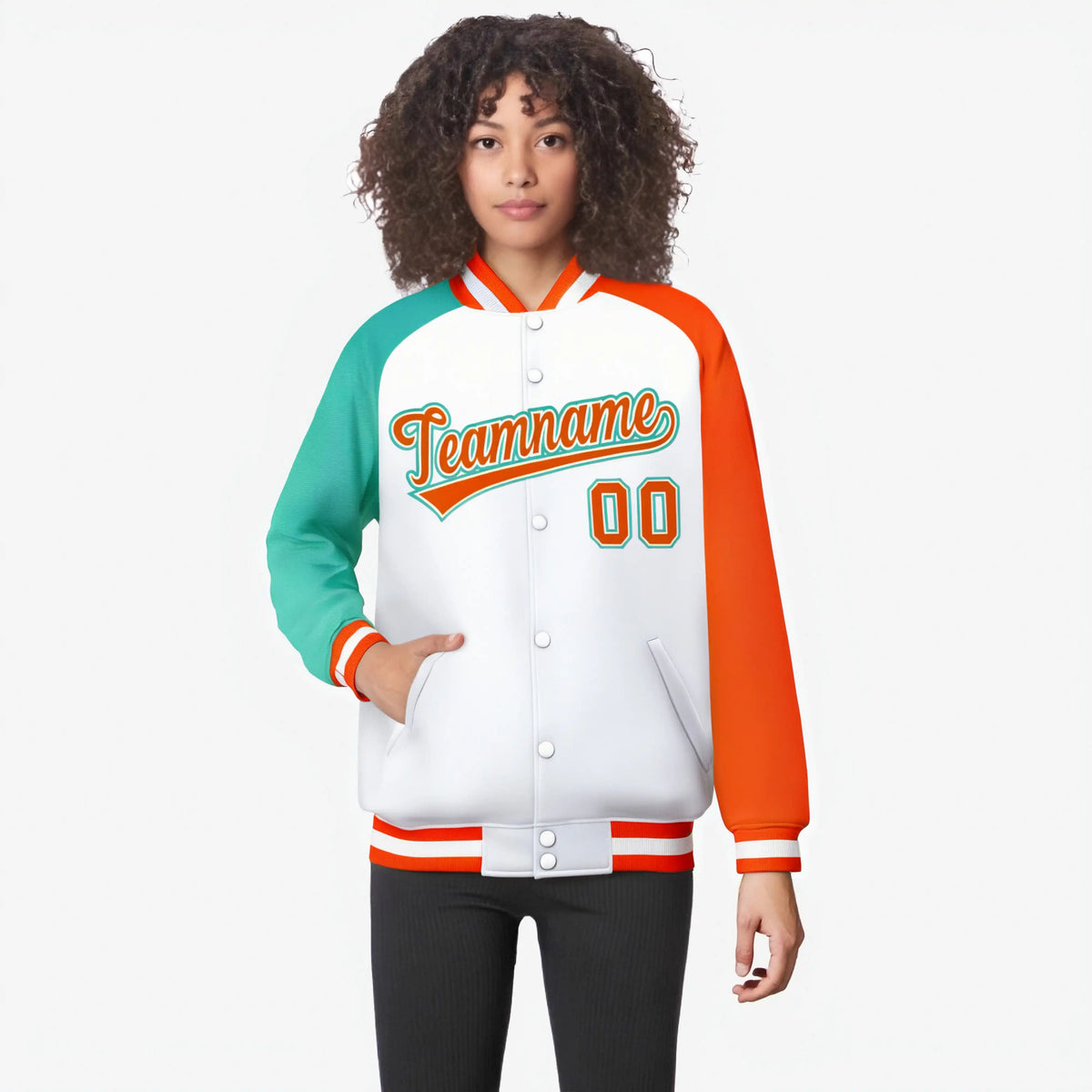 Custom White Orange-Aqua Raglan Sleeves Varsity Full-Snap Letterman Jacket