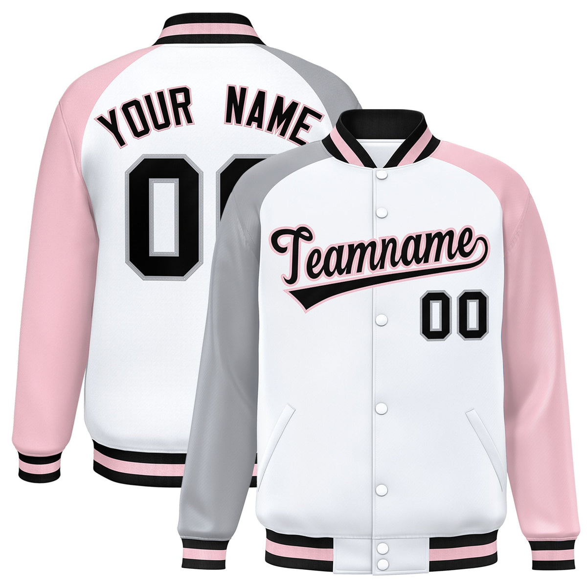 Custom White Pink-Gray Raglan Sleeves Varsity Full-Snap Letterman Jacket