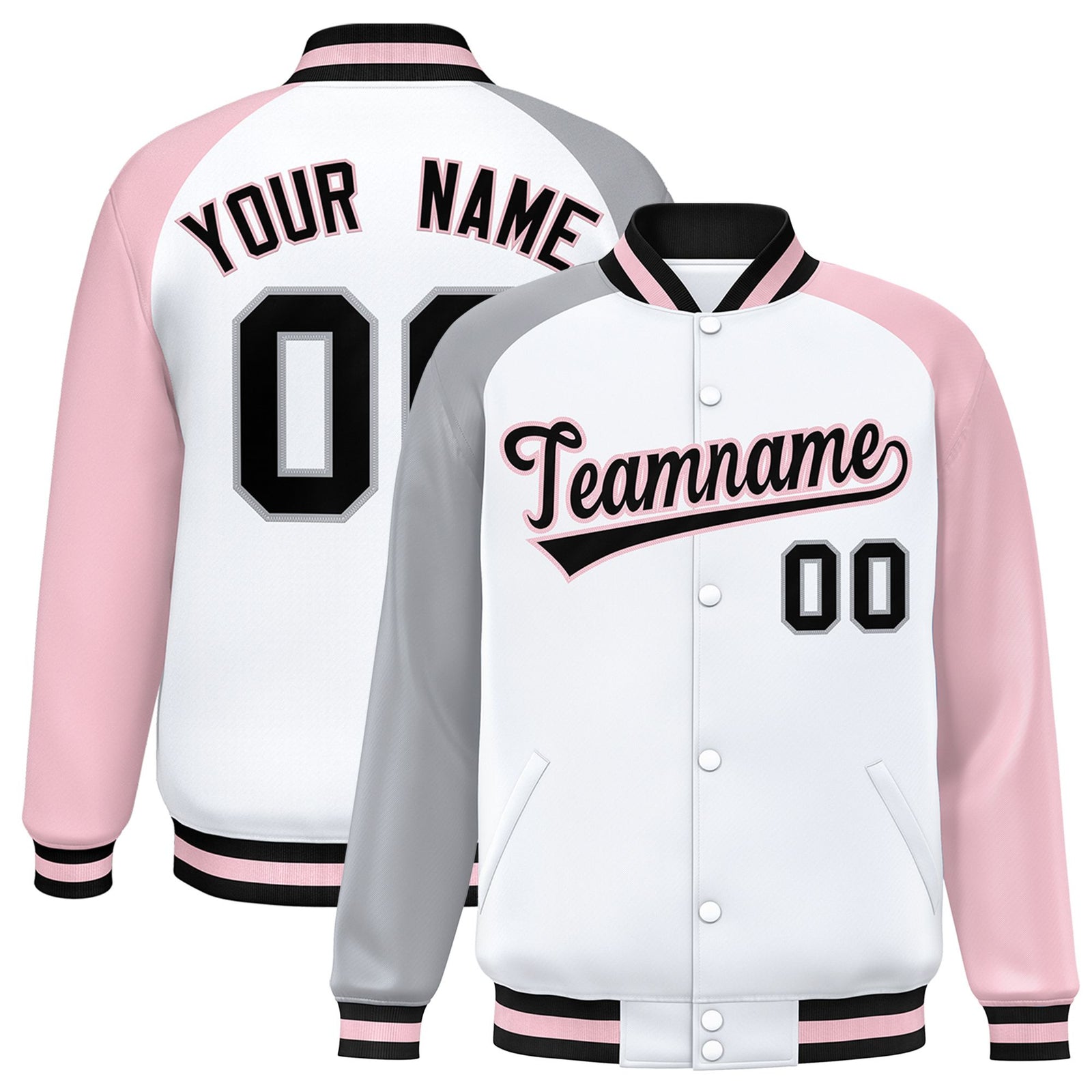 Custom White Pink-Gray Raglan Sleeves Varsity Full-Snap Letterman Jacket