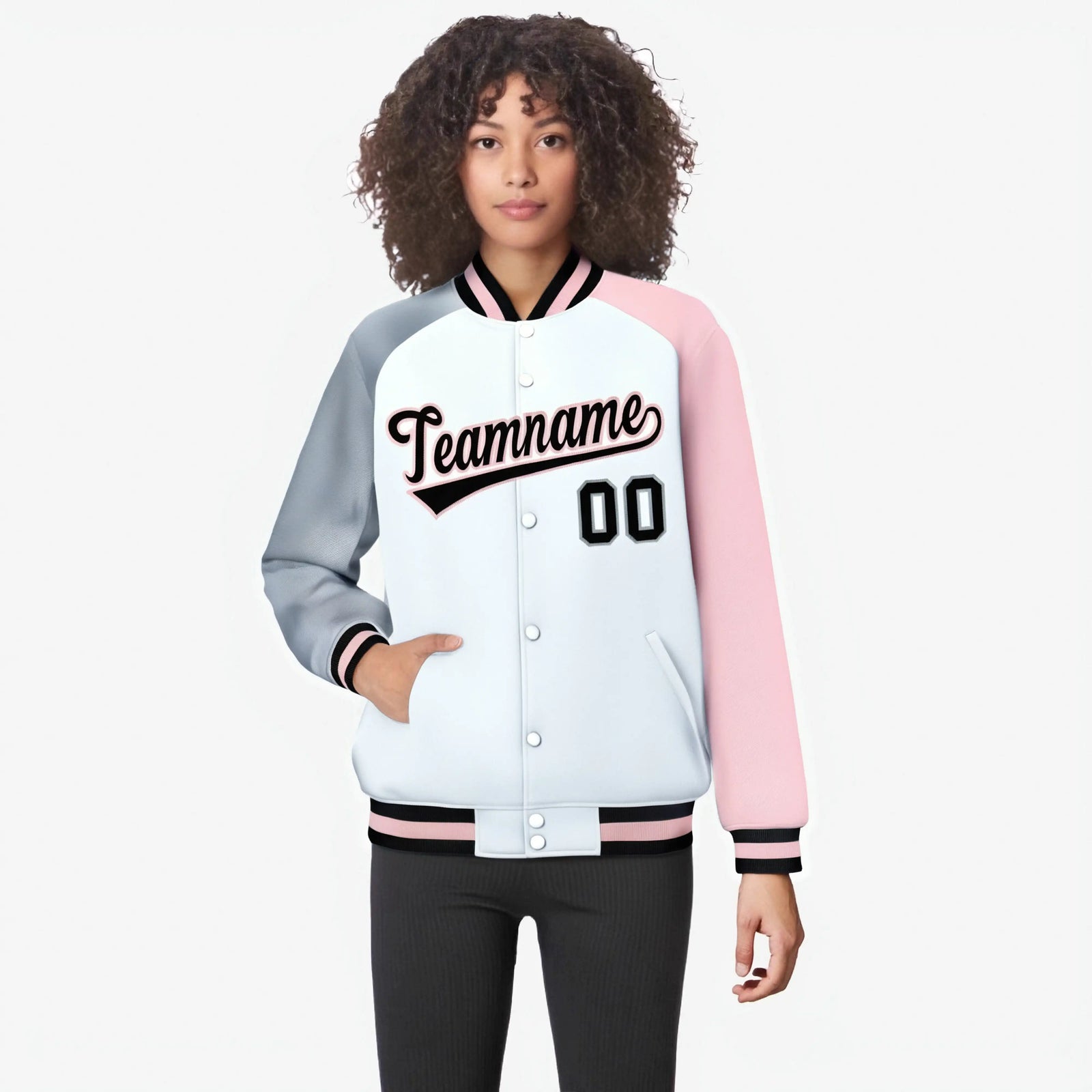 Custom White Pink-Gray Raglan Sleeves Varsity Full-Snap Letterman Jacket