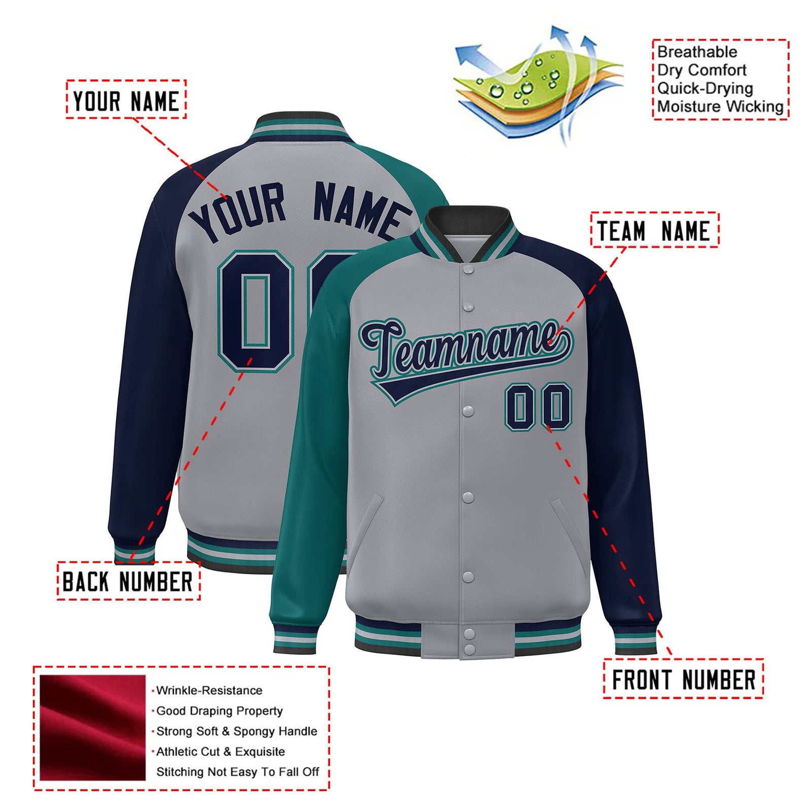 Custom Gray Navy-Aqua Raglan Sleeves Varsity Full-Snap Letterman Jacket