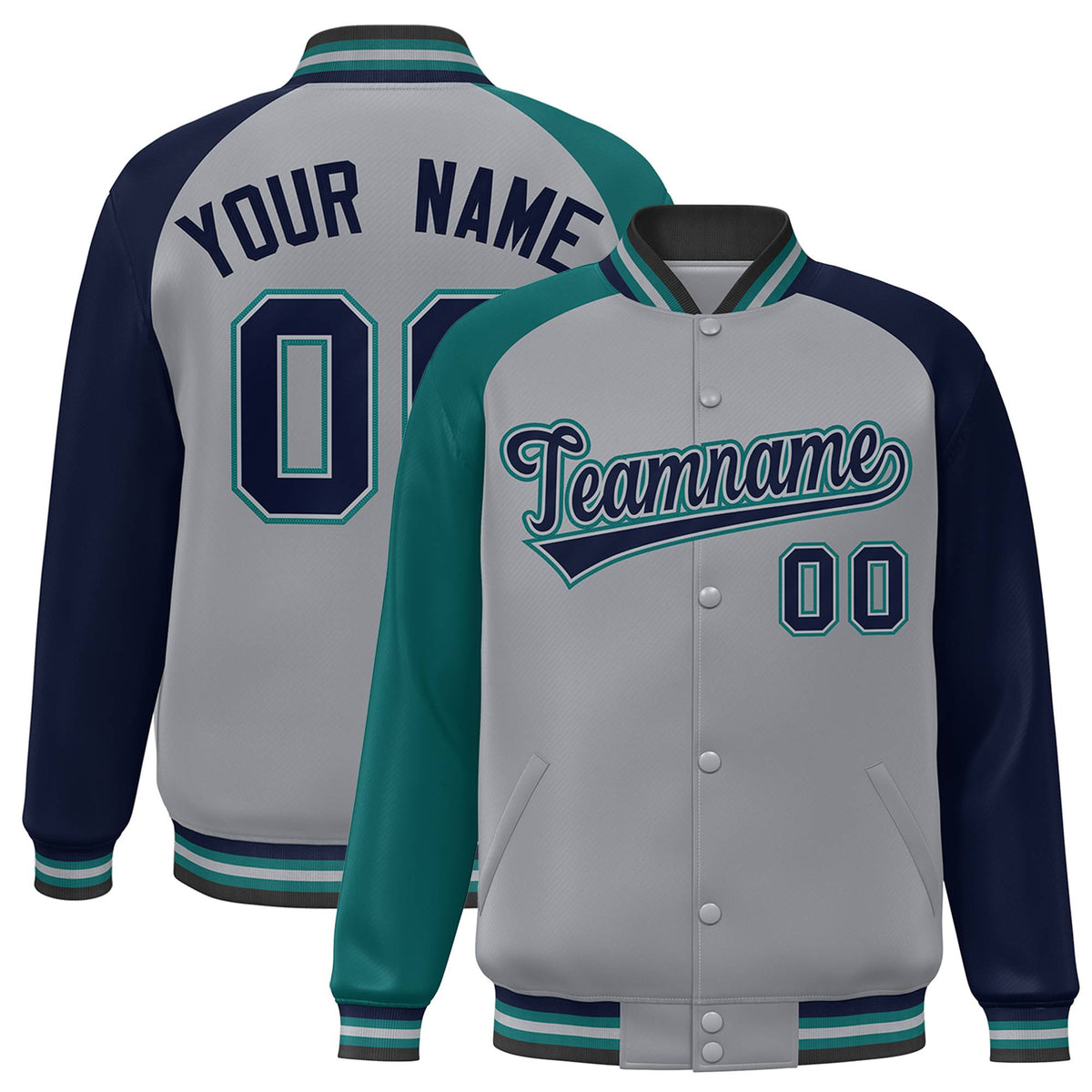 Custom Gray Navy-Aqua Raglan Sleeves Varsity Full-Snap Letterman Jacket