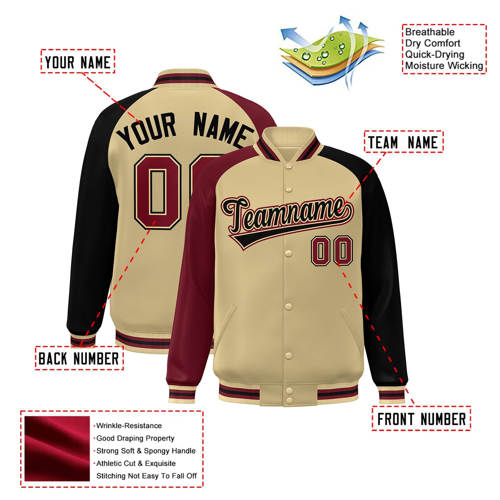 Custom Cream Navy-Crimson Raglan Sleeves Varsity Full-Snap Letterman Jacket