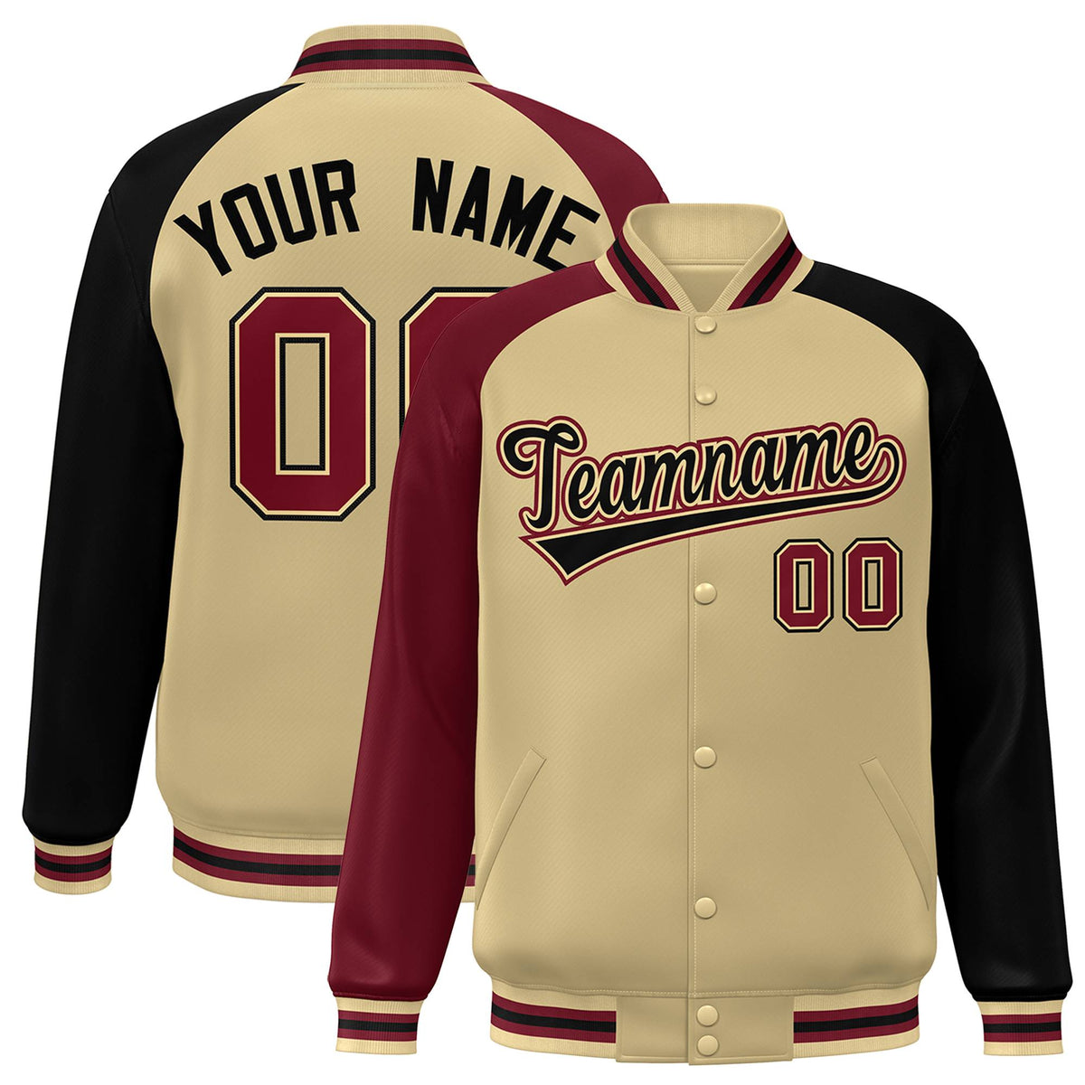 Custom Cream Navy-Crimson Raglan Sleeves Varsity Full-Snap Letterman Jacket