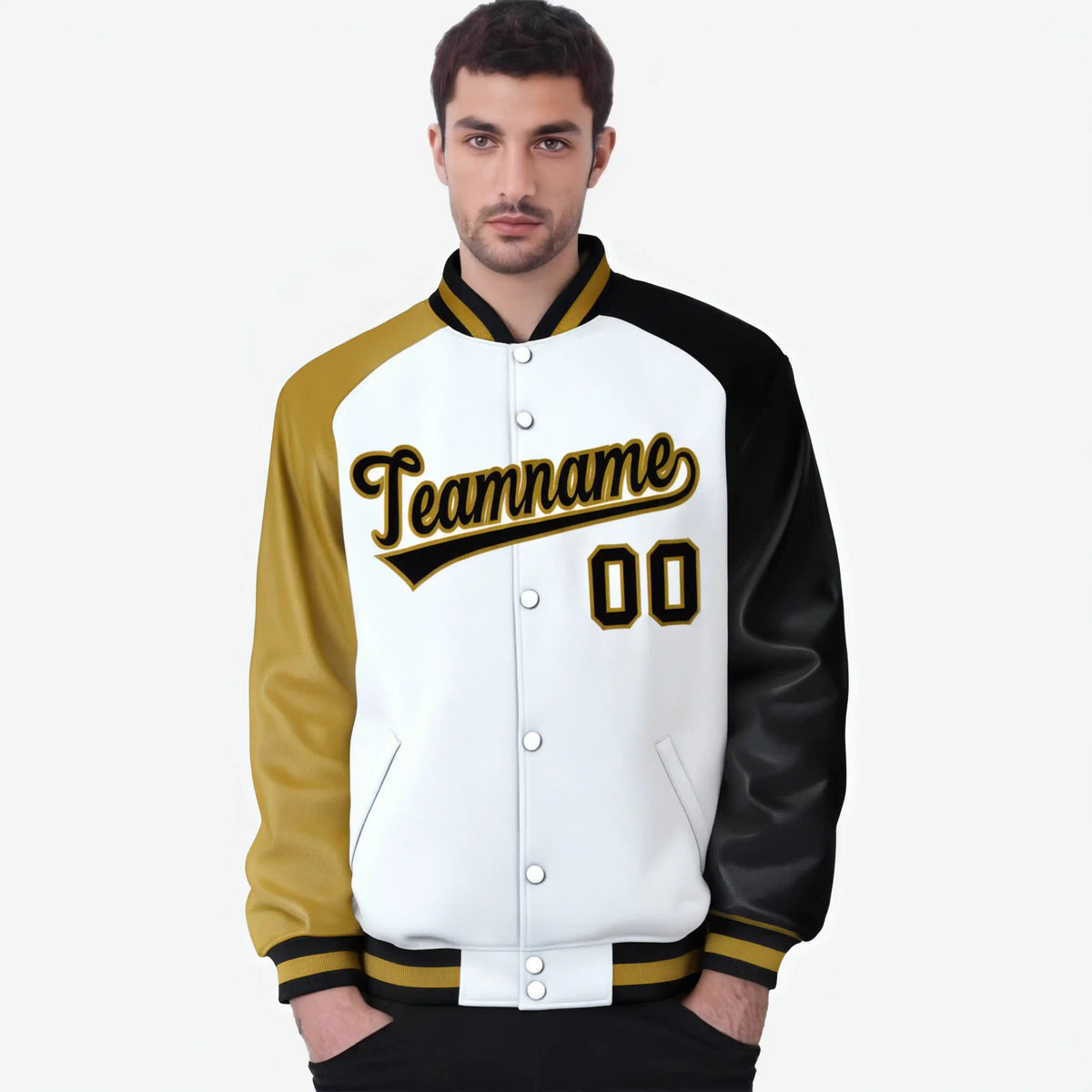Custom White Black-Old Gold Raglan Sleeves Varsity Full-Snap Letterman Jacket