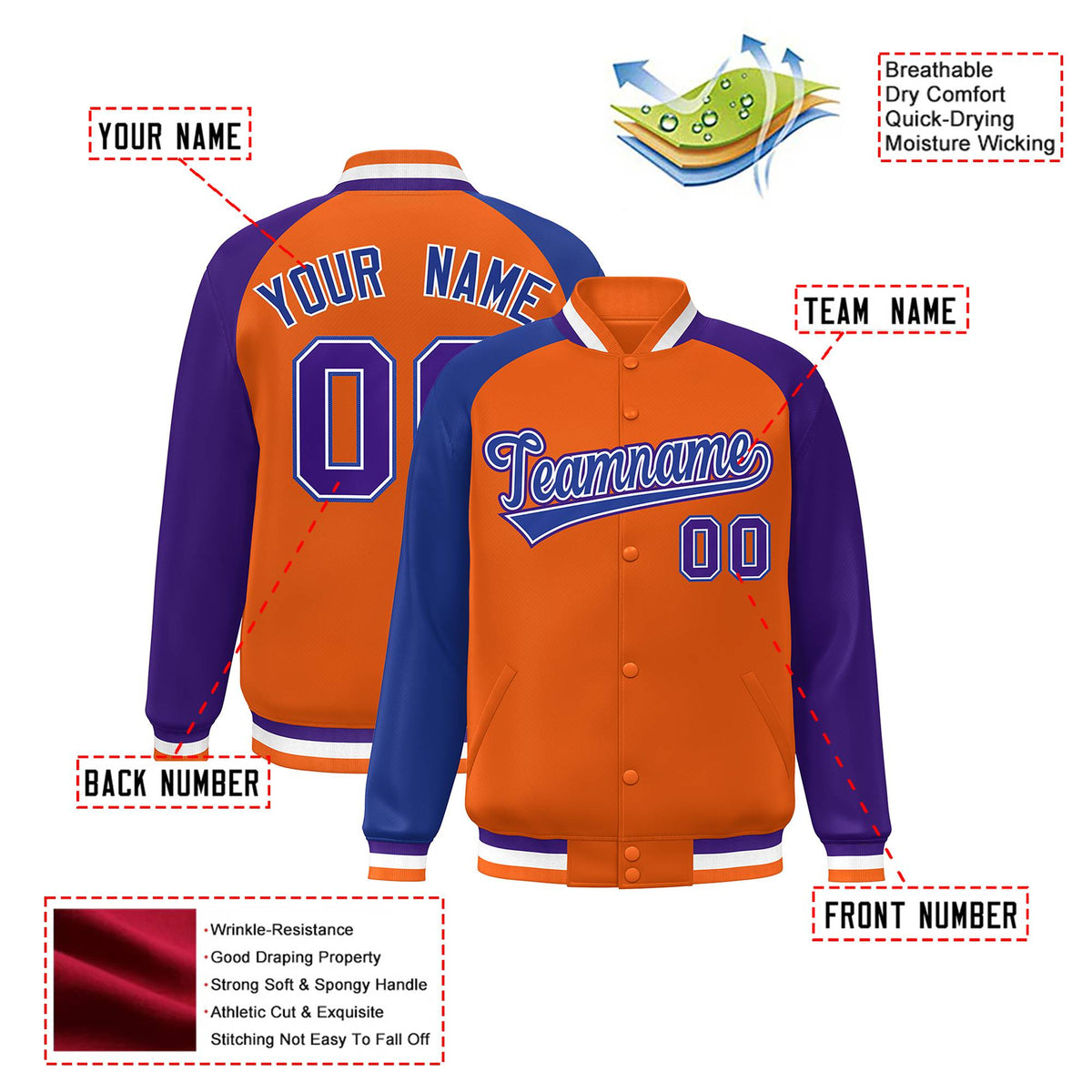Custom Orange Purple-Royal Blue Raglan Sleeves Varsity Full-Snap Letterman Jacket