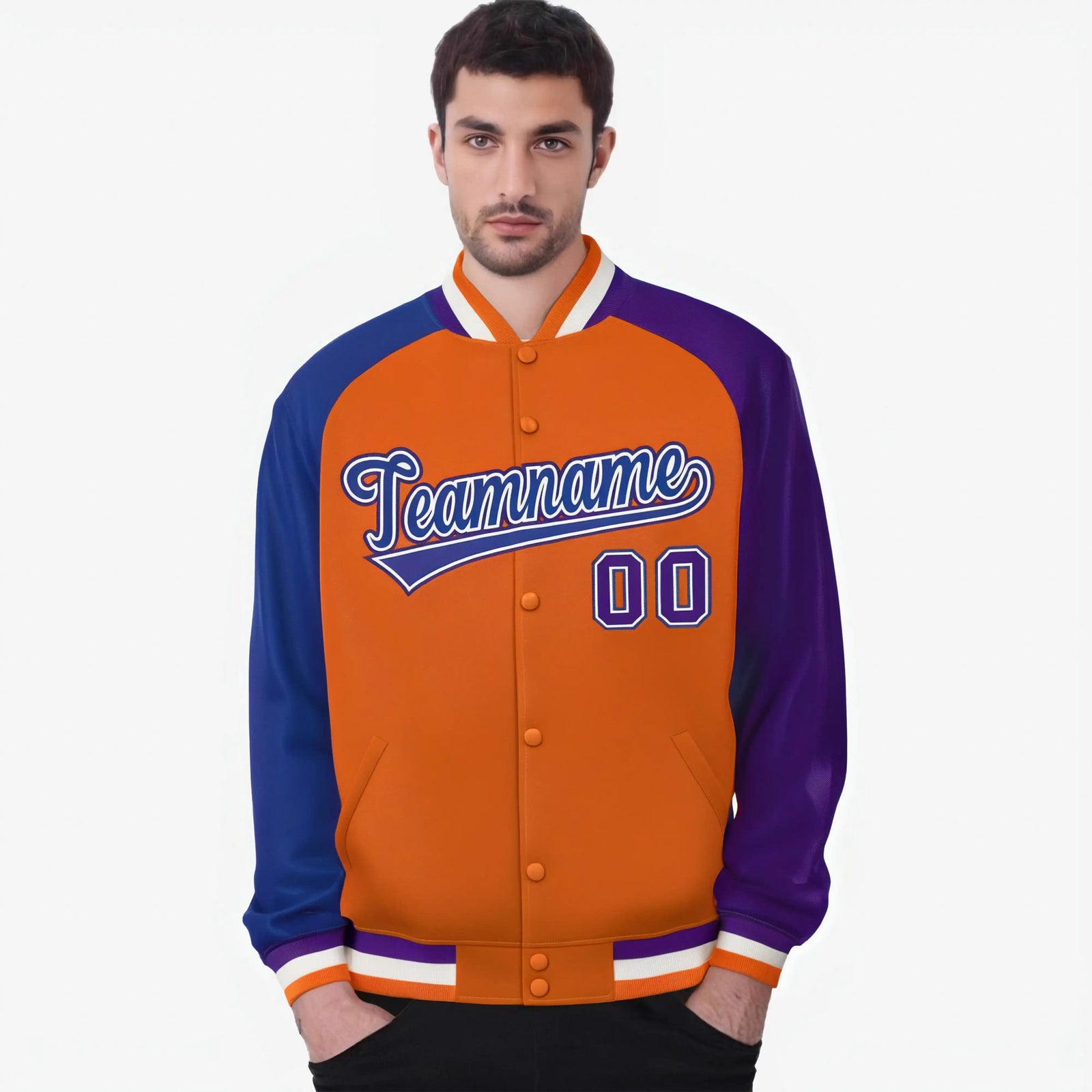 Custom Orange Purple-Royal Blue Raglan Sleeves Varsity Full-Snap Letterman Jacket