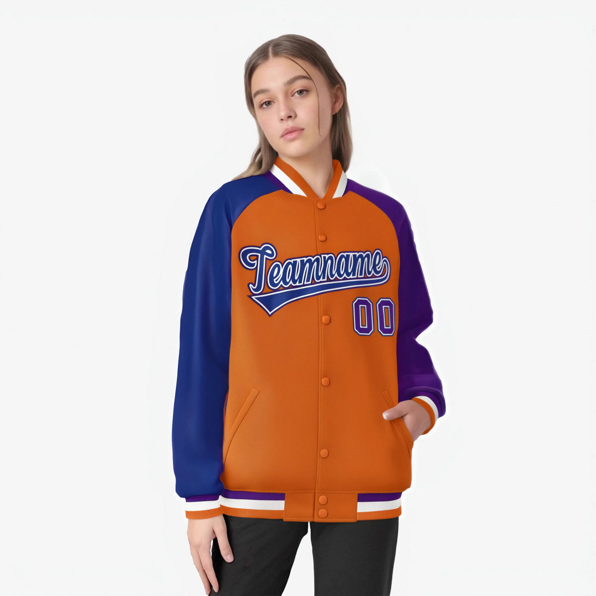 Custom Orange Purple-Royal Blue Raglan Sleeves Varsity Full-Snap Letterman Jacket