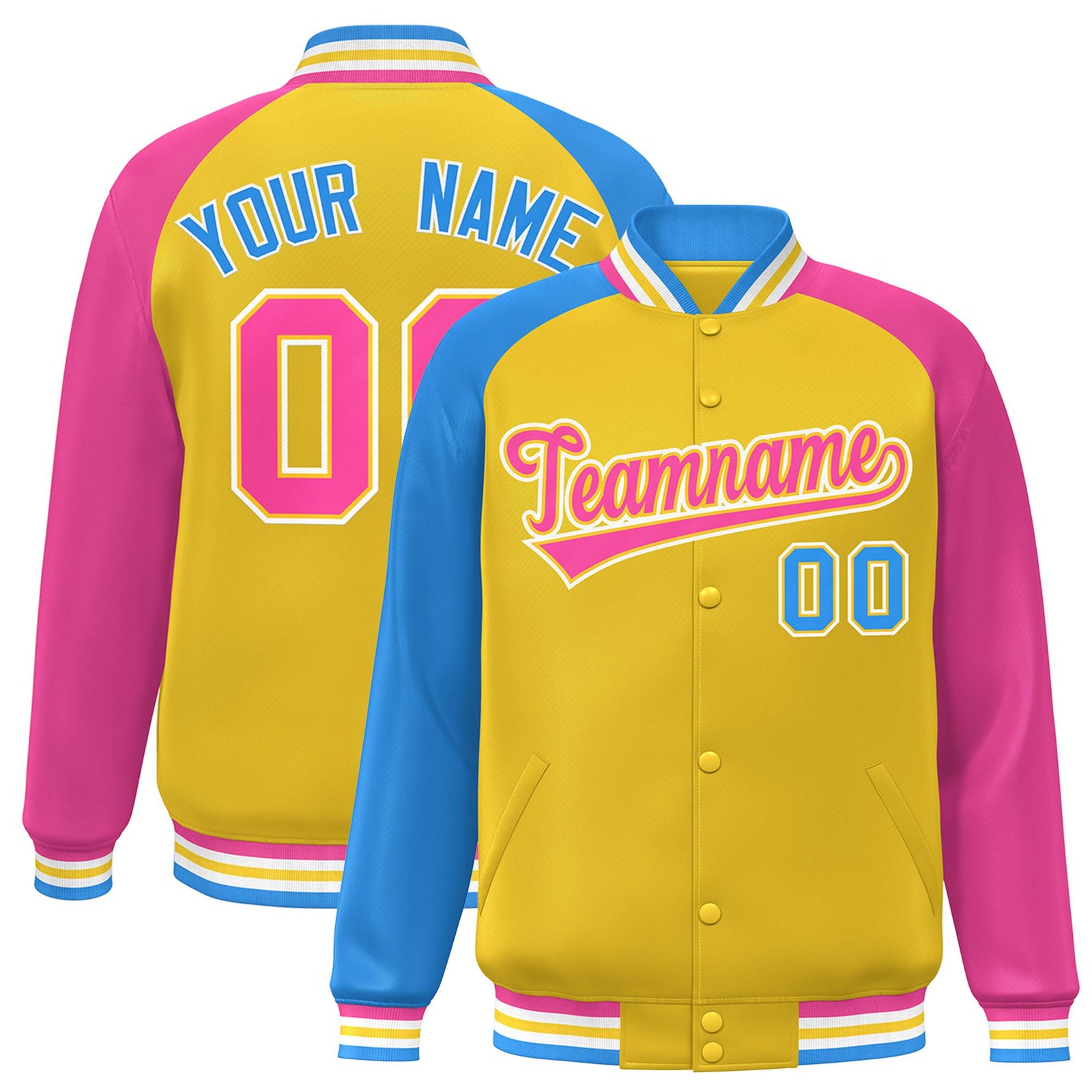 Custom Gold Pink-Powder Blue Raglan Sleeves Varsity Full-Snap Letterman Jacket