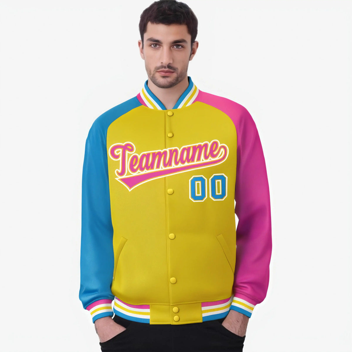 Custom Gold Pink-Powder Blue Raglan Sleeves Varsity Full-Snap Letterman Jacket