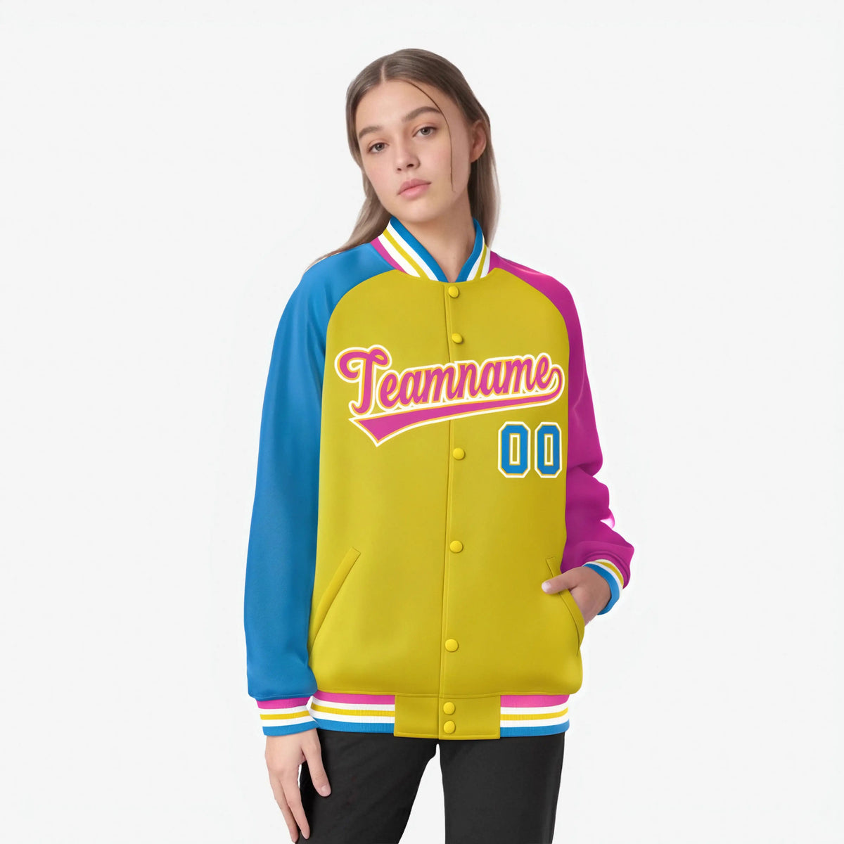 Custom Gold Pink-Powder Blue Raglan Sleeves Varsity Full-Snap Letterman Jacket