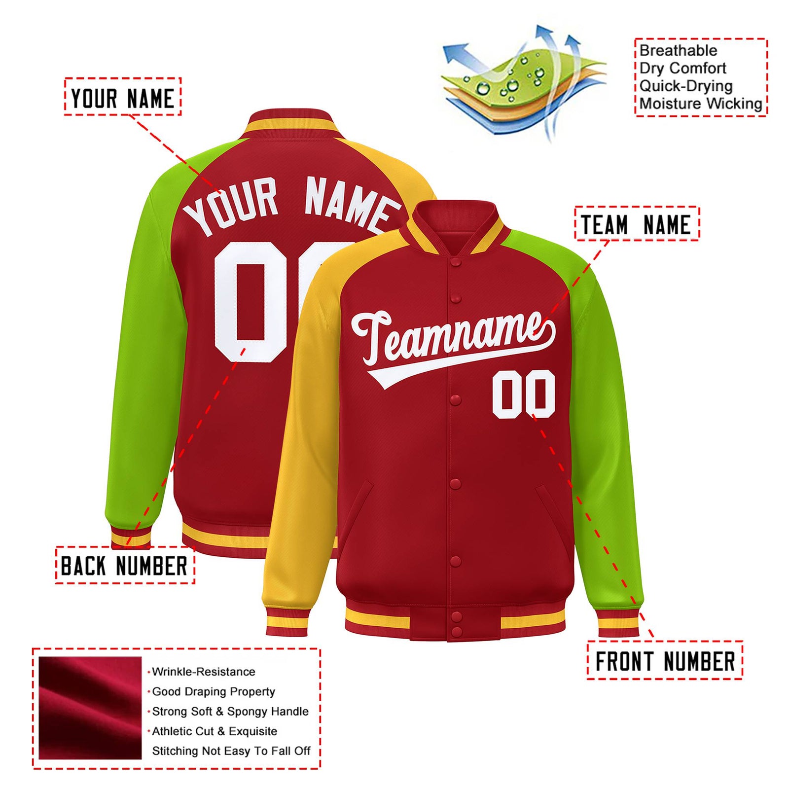 Custom Red Neon Green-Gold Raglan Sleeves Varsity Full-Snap Letterman Jacket
