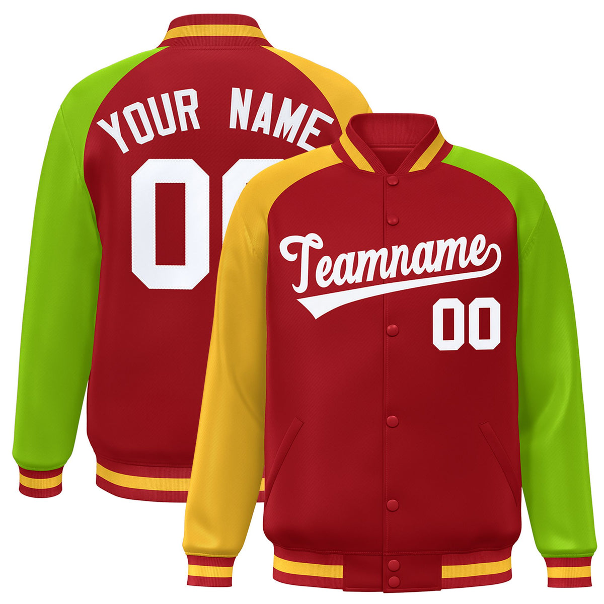 Custom Red Neon Green-Gold Raglan Sleeves Varsity Full-Snap Letterman Jacket