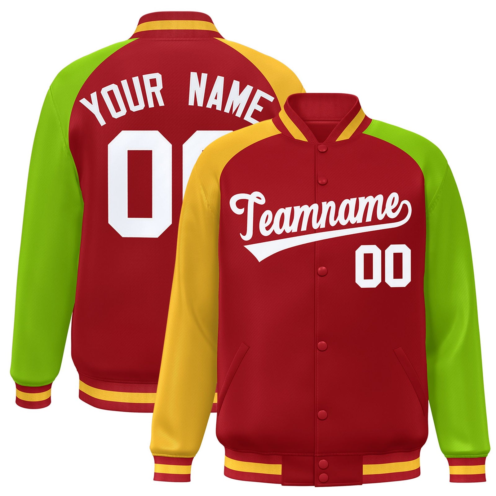 Custom Red Neon Green-Gold Raglan Sleeves Varsity Full-Snap Letterman Jacket