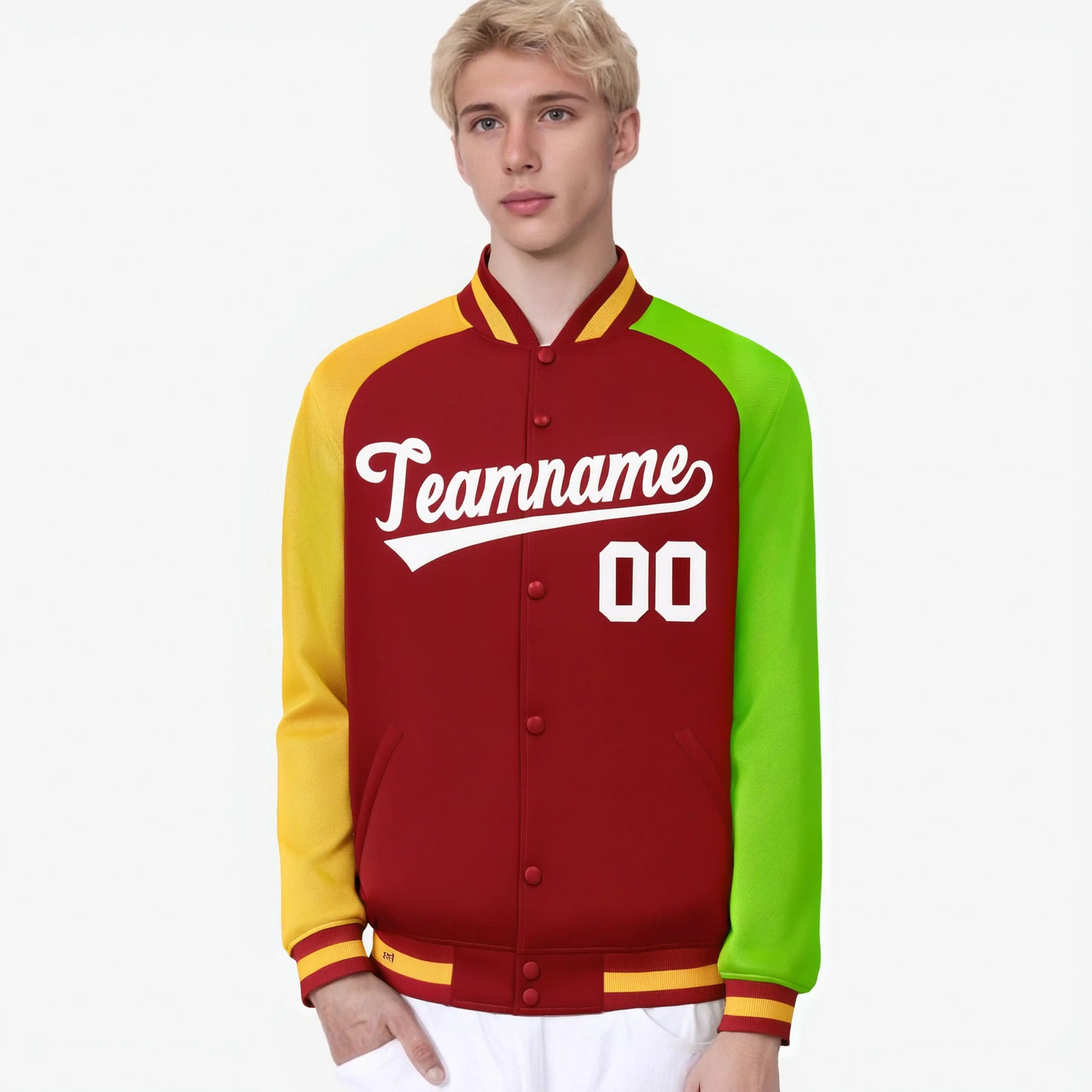 Custom Red Neon Green-Gold Raglan Sleeves Varsity Full-Snap Letterman Jacket