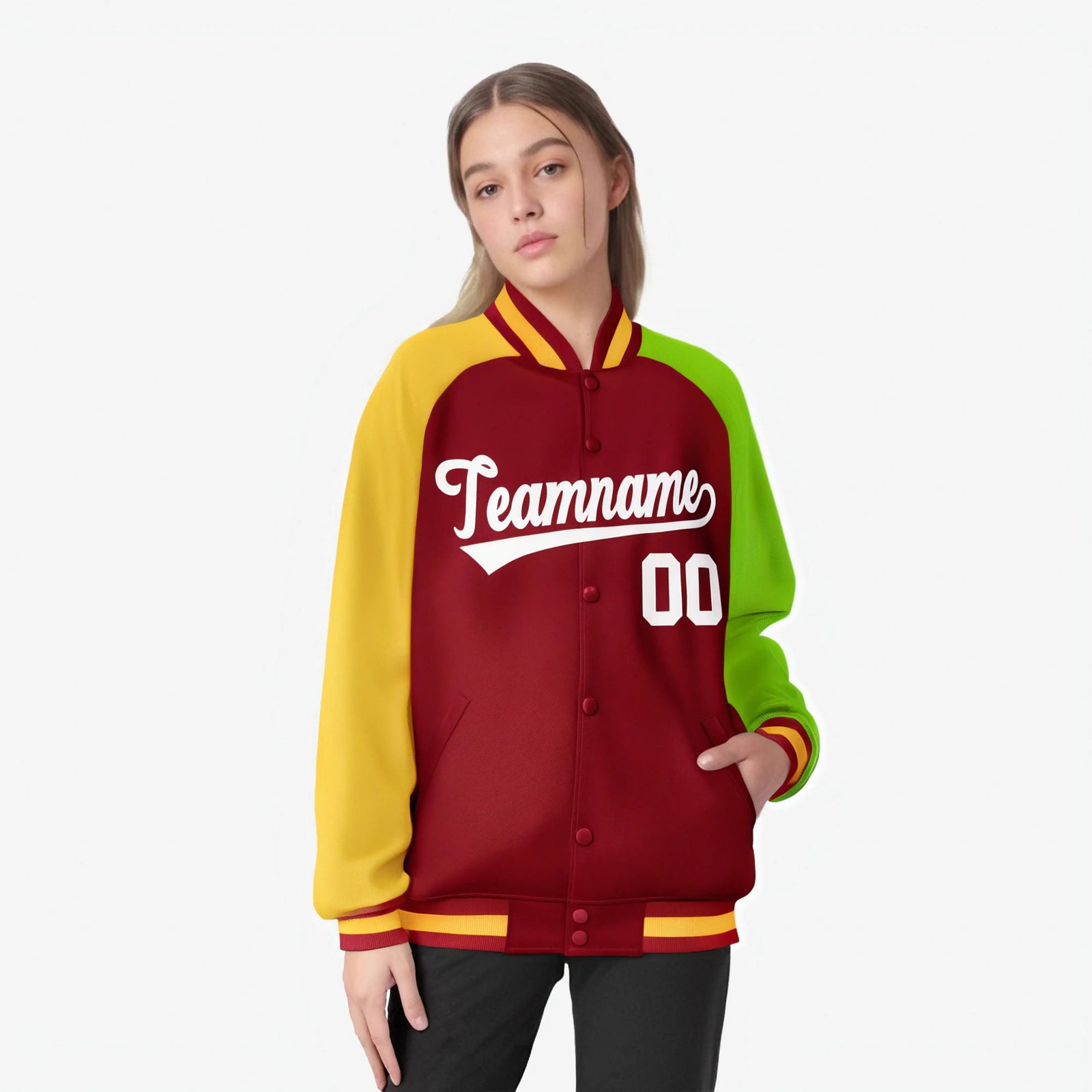Custom Red Neon Green-Gold Raglan Sleeves Varsity Full-Snap Letterman Jacket