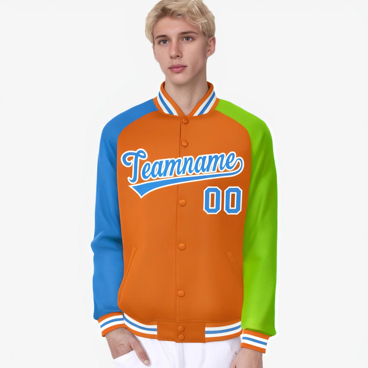 Custom Orange Neon Green-Powder Blue Raglan Sleeves Varsity Full-Snap Letterman Jacket