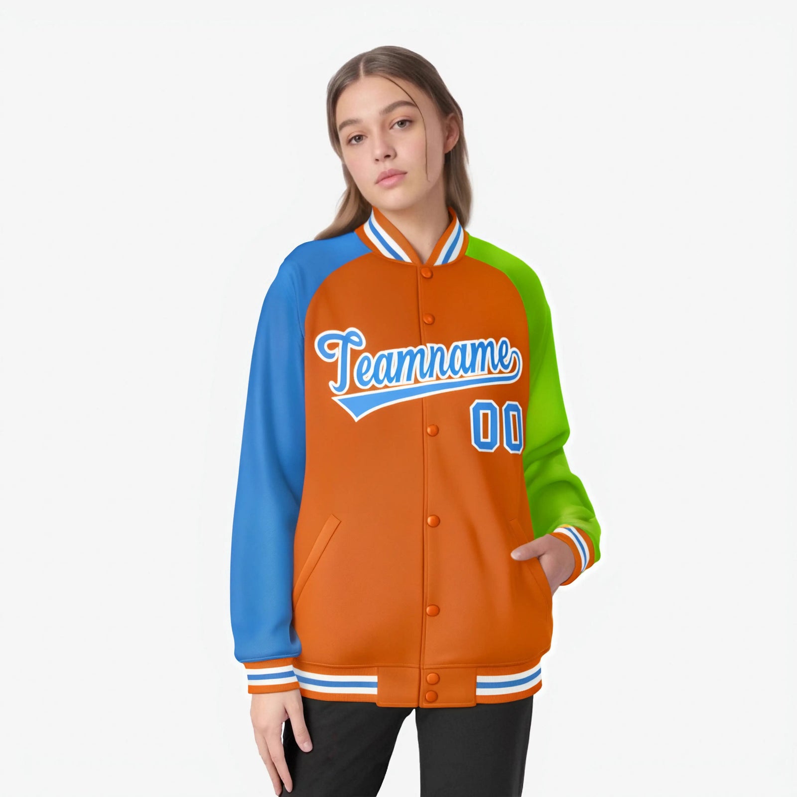 Custom Orange Neon Green-Powder Blue Raglan Sleeves Varsity Full-Snap Letterman Jacket