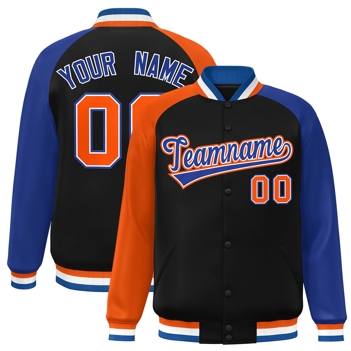 Custom Black Royal Blue-Orange Raglan Sleeves Varsity Full-Snap Letterman Jacket