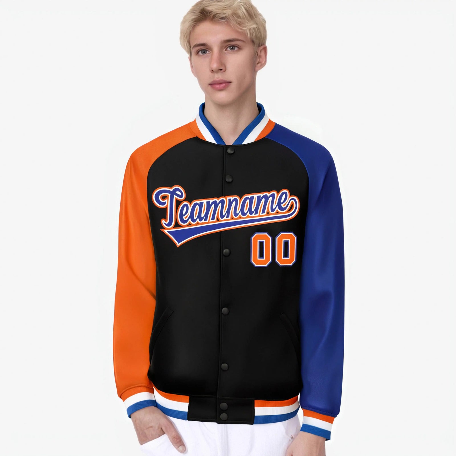 Custom Black Royal Blue-Orange Raglan Sleeves Varsity Full-Snap Letterman Jacket