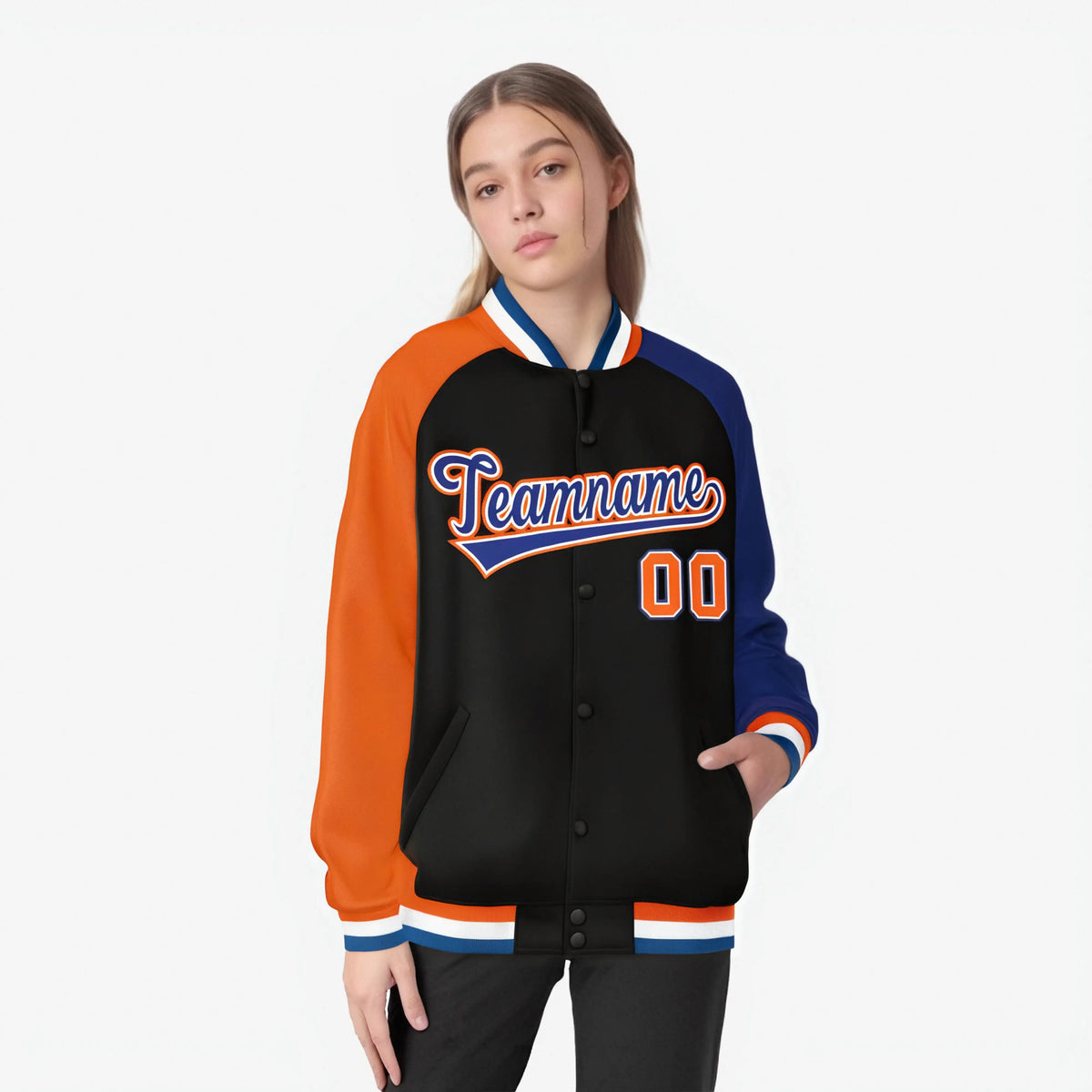Custom Black Royal Blue-Orange Raglan Sleeves Varsity Full-Snap Letterman Jacket