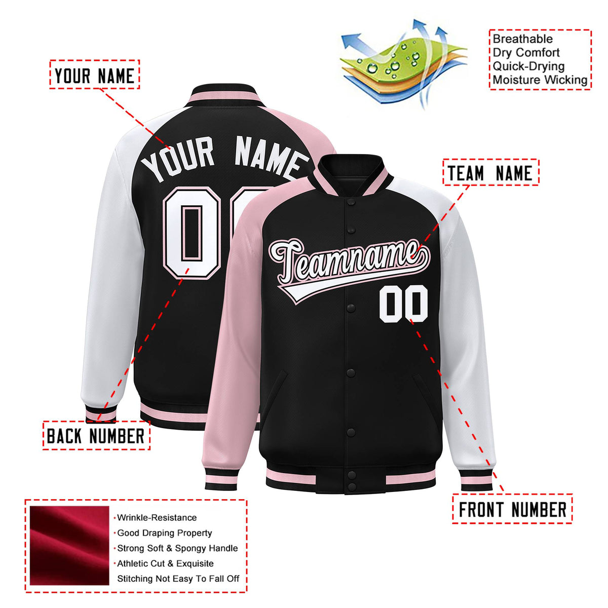 Custom Black White-Pink Raglan Sleeves Varsity Full-Snap Letterman Jacket