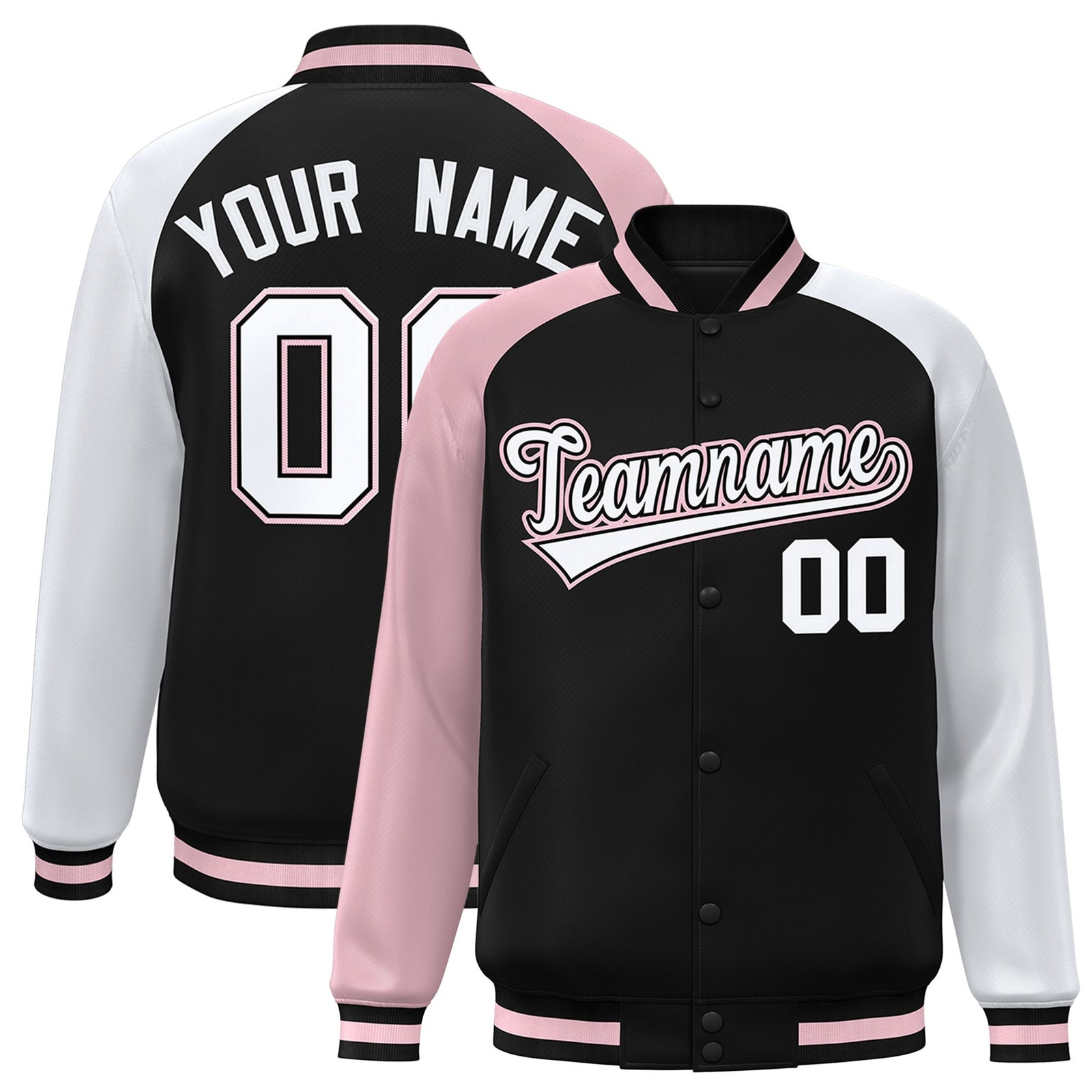 Custom Black White-Pink Raglan Sleeves Varsity Full-Snap Letterman Jacket
