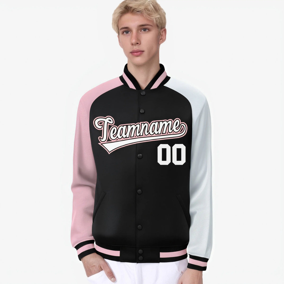 Custom Black White-Pink Raglan Sleeves Varsity Full-Snap Letterman Jacket
